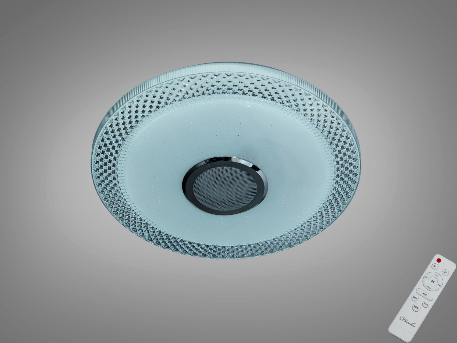 Смарт стельовий LED світильник 70 Вт для кімнат до ~12 м². RGB-підсвітка, Bluetooth-колонка, таймери, еквалайзер і керування через i-Link або пульт.