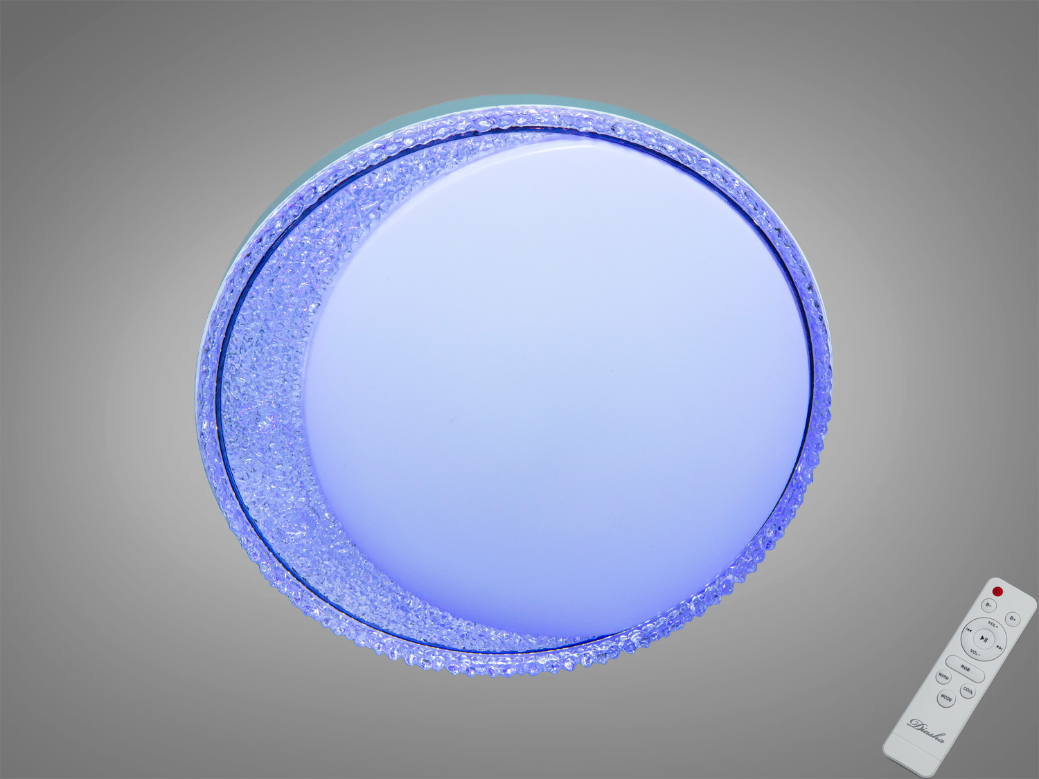 Стельова смарт LED люстра 70 Вт для кімнат до 12 м². Біла, кругла, з кристалічним обідком, RGB-підсвічуванням, пультом і керуванням через додаток iLink.