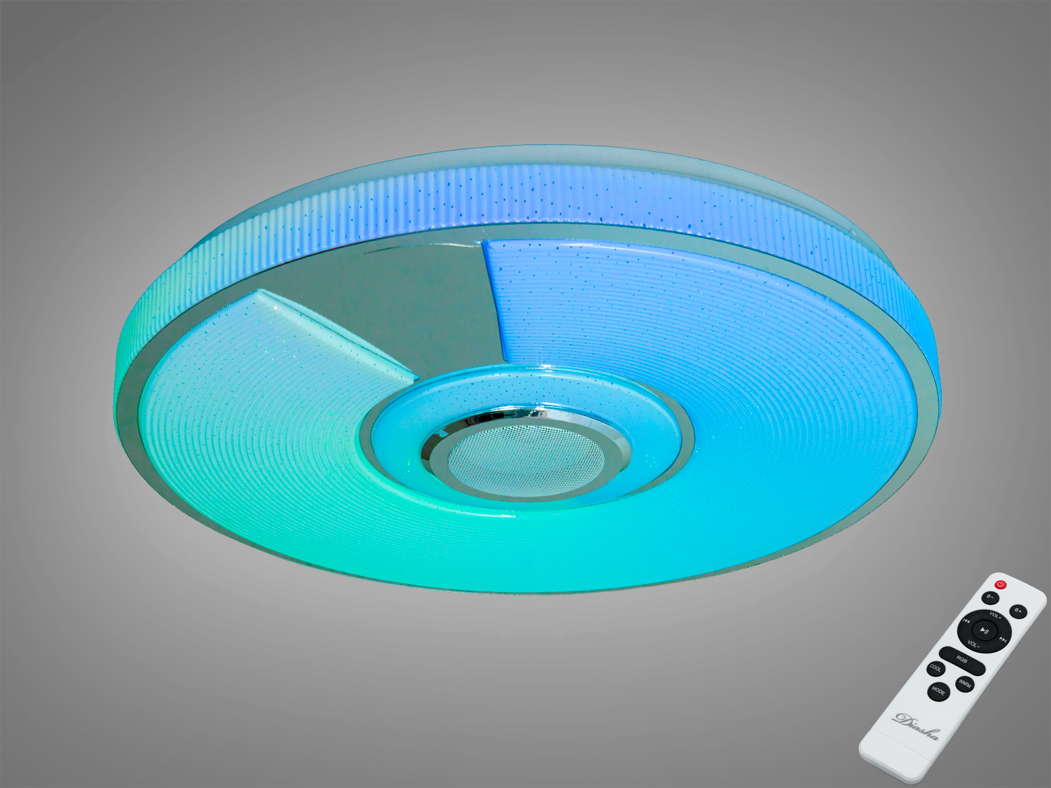 RGB стельовий смарт світильник 80 Вт з вбудованою Bluetooth‑колонкою. Керування через TUYA Smart Life або пульт. Освітлення кімнат до ~14 м².