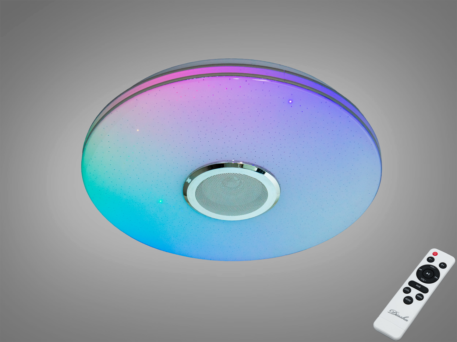 Смарт люстра Diasha 70 Вт біла з RGB і Bluetooth‑колонкою. Керування через TUYA Smart Life та пульт, синхронізація світла з музикою. Підходить до кімнат до 12 м².