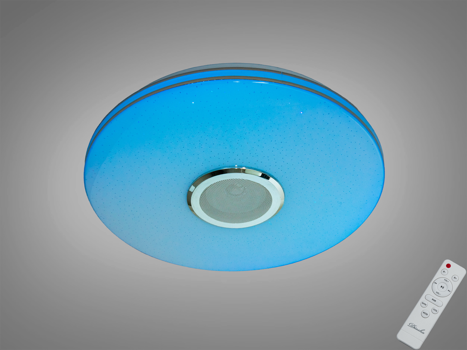 Біла смарт люстра Diasha 70 Вт з RGB і Bluetooth-акустикою. Керування з пульта та через додаток i-Link, таймери, музичний ритм. Рекомендовано до 12 м².