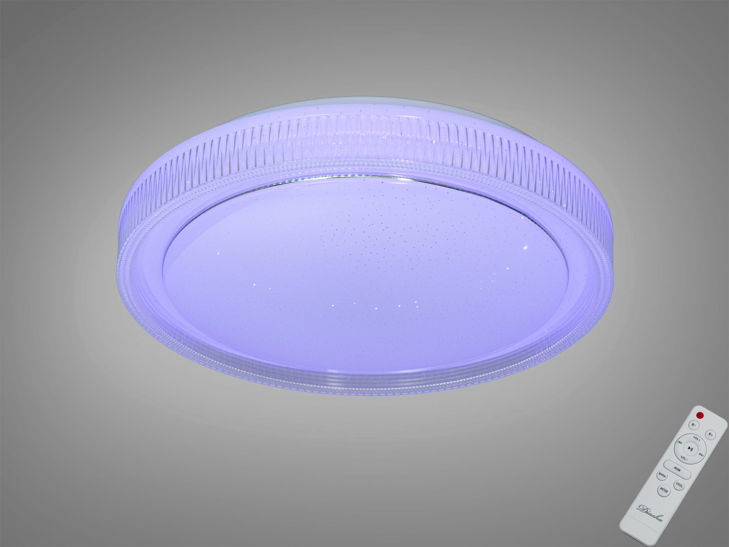Стельова смарт LED RGB люстра Diasha, 70 Вт, біла. Керування пультом і через застосунок iLink, режими переливання RGB. Рекомендована площа освітлення до ≈12 м².