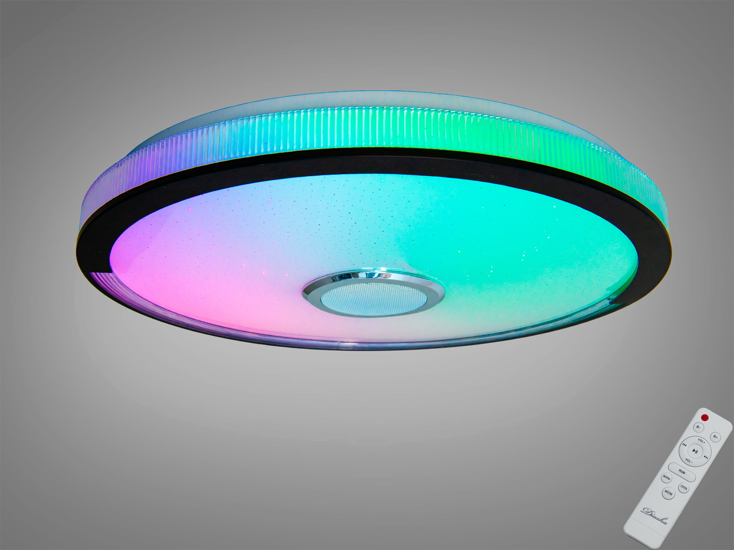 Біла смарт-люстра Diasha 80 Вт з RGB та Bluetooth-колонкою. Керування через додаток i-Link і пульт, таймери, музичний ритм, освітлення до 14 м².