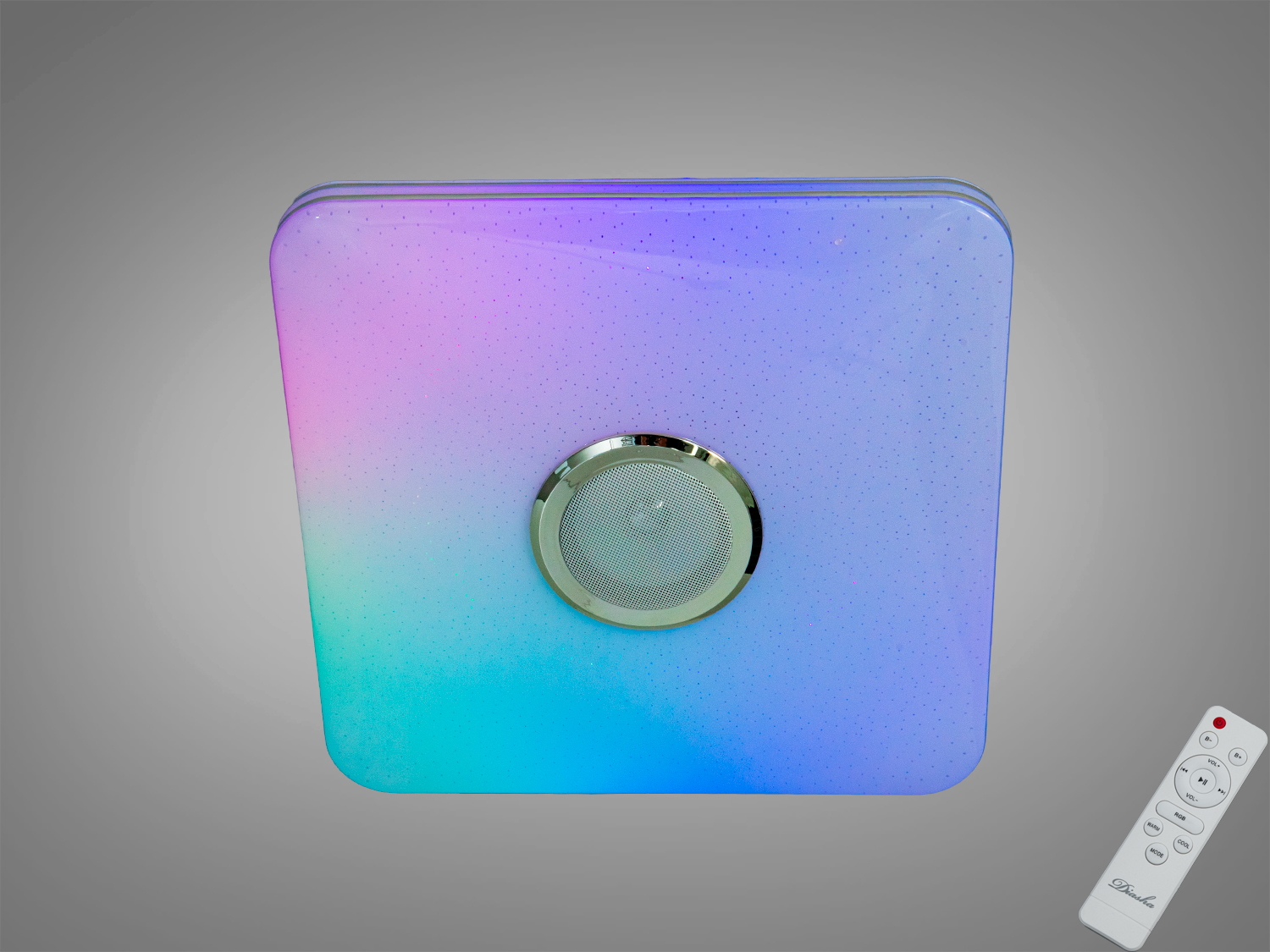 Смарт LED люстра 70 Вт 400×400 з RGB та Bluetooth‑динаміком. Керування пультом і через додаток i‑Link, таймери, музичний ритм. Для кімнат до ~12 м².