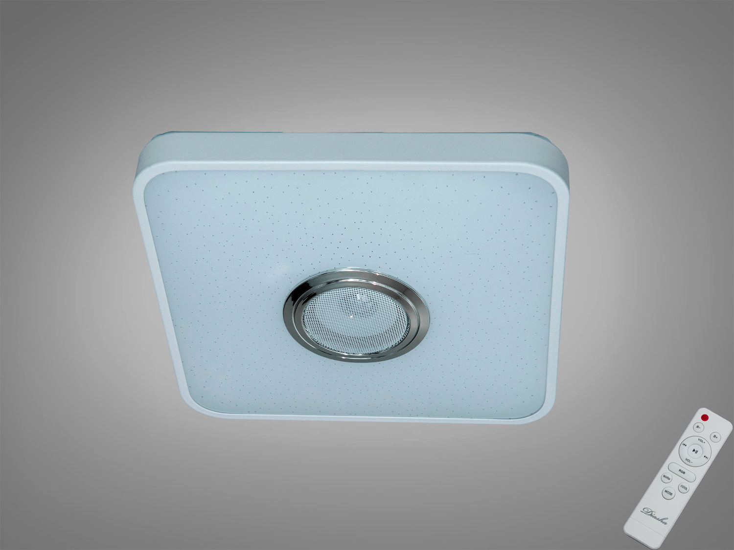 Біла LED смарт-люстра 45 Вт з Bluetooth-колонкою, RGB-підсвіткою, керуванням через i-Link і пульт. Підходить орієнтовно для кімнат до 8 м².