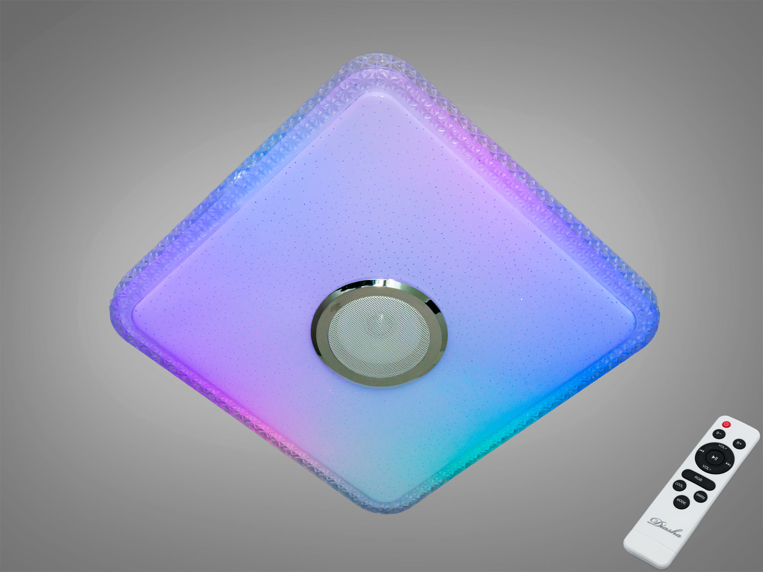 Смарт люстра LED 70 Вт, квадрат, біла, з RGB і Bluetooth‑колонкою. Керування через додаток Smart Life (TUYA) та пульт, для кімнат до ~12 м².