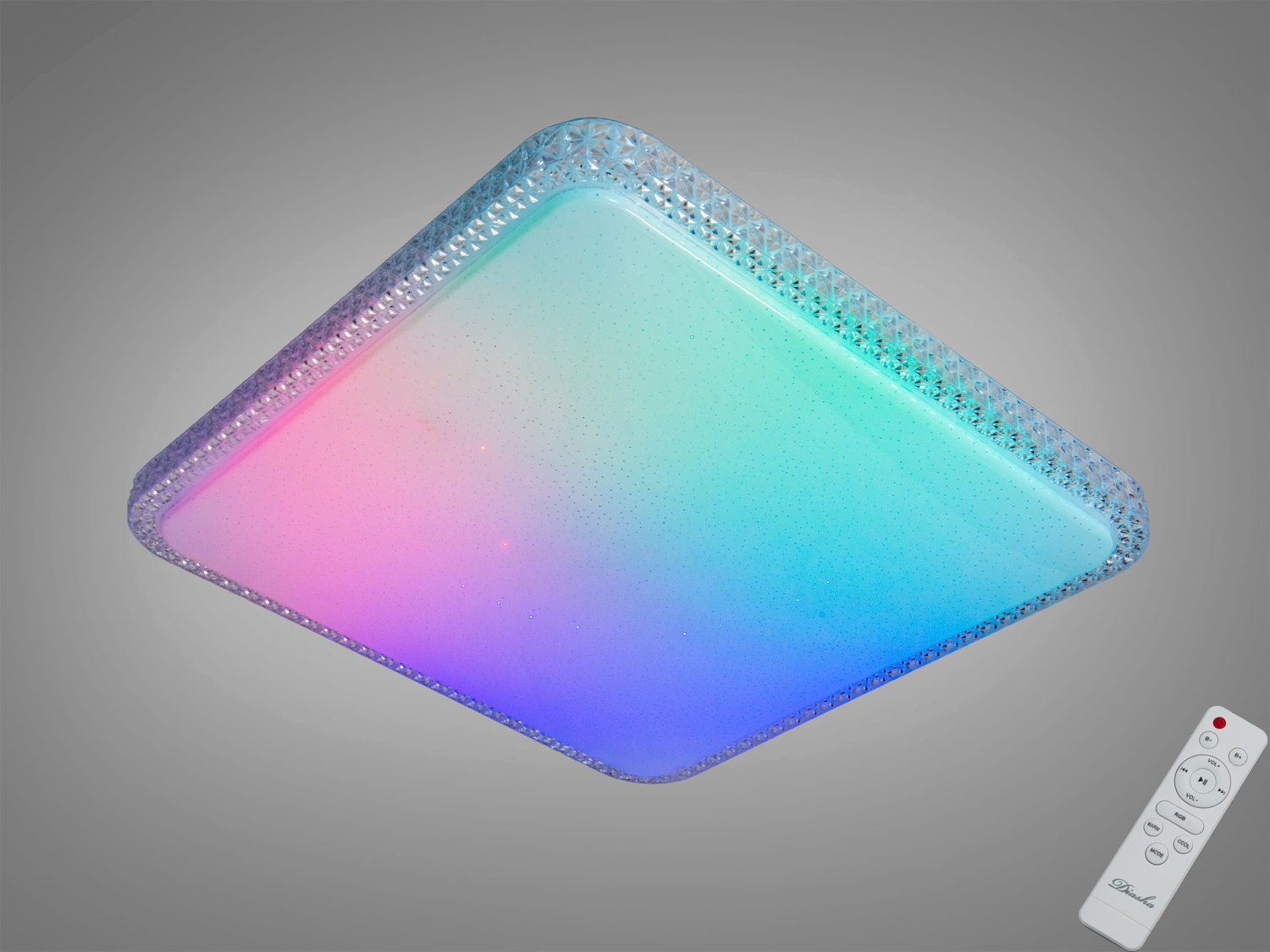 Смарт LED стельова люстра з RGB і пультом, 80 Вт, біла. Квадратний дизайн з декоративною рамкою, керування через пульт та додаток iLink, до 14 м².