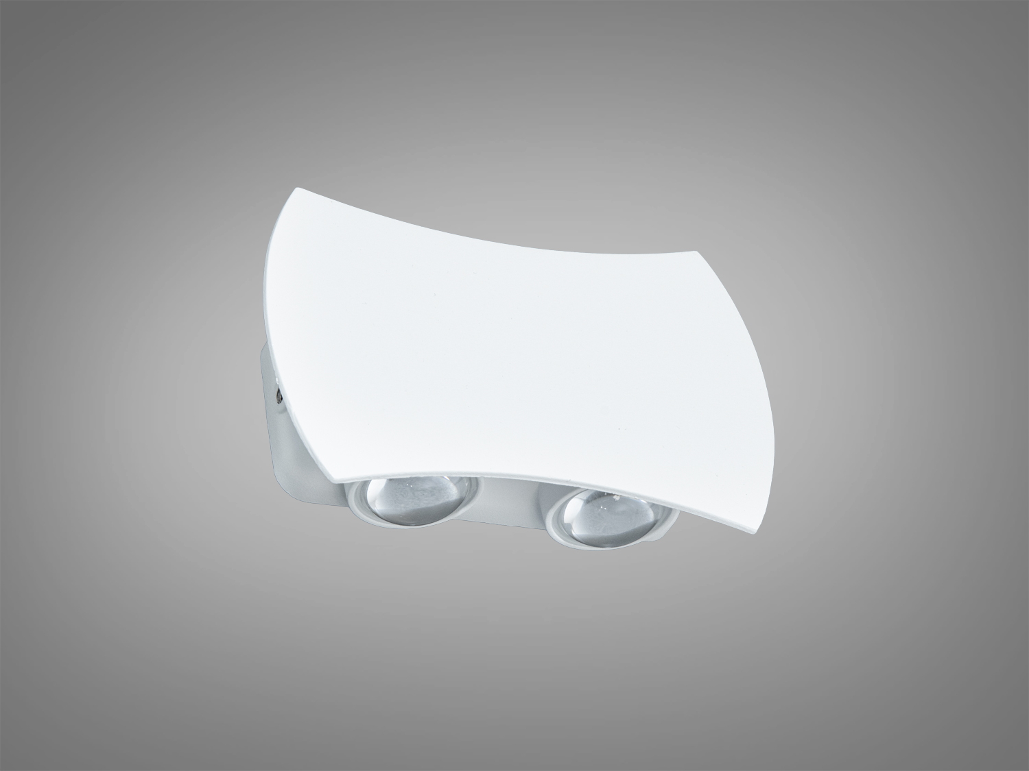 Компактний білий світильник з гладкою поверхнею, оснащений двома світлодіодними лампами, підходить для настінного монтажу.