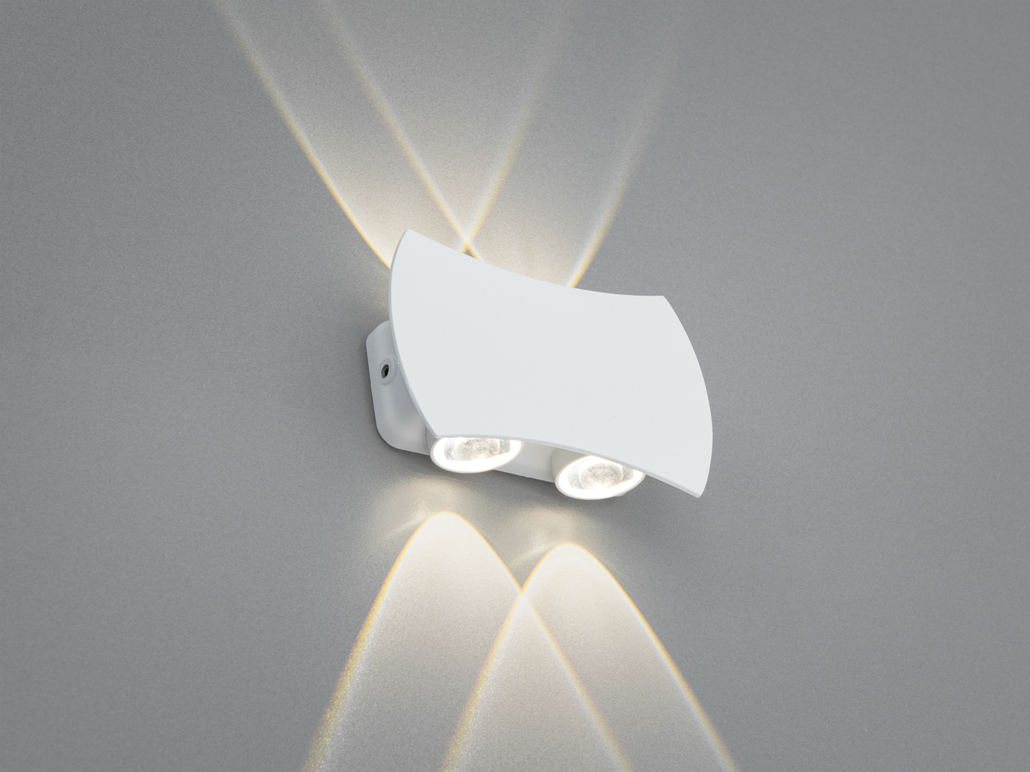Білий настінний LED світильник 4 Вт з двонаправленим світлом вгору/вниз і чотирма спрямованими акцентами для архітектурної підсвітки фасадів та інтер’єрів.