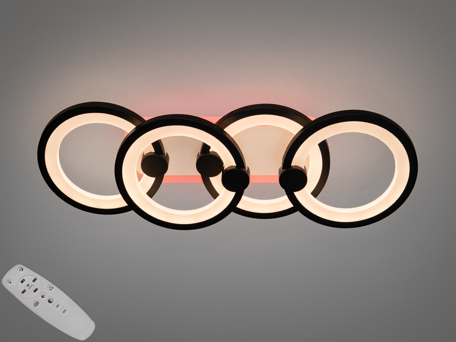 Стельова LED люстра 4 кільця, 65Вт, чорна. Пульт, димер, 3200/4100/6000К. Освітлення орієнтовно для кімнат до 11 м², сучасний мінімалістичний дизайн.