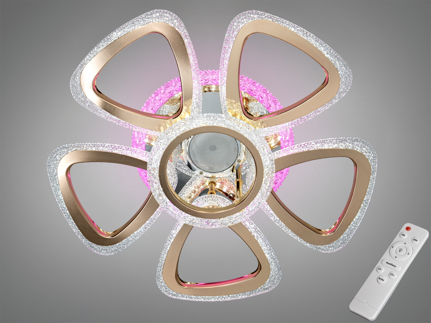 Світлодіодна стельова люстра Diasha, хром+золото, 64 Вт. 6 модулів, пульт, димер, підсвітка та Bluetooth для кімнат до 11 м².