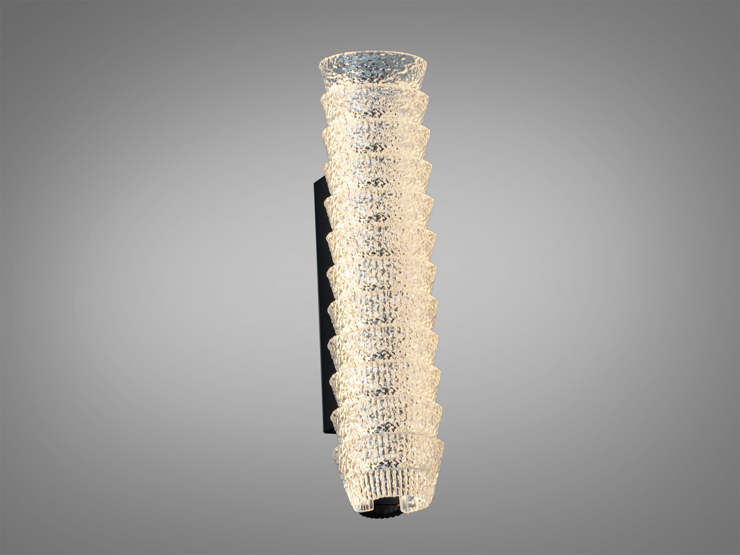 Настінний світильник з текстурованого акрилу, циліндрична форма, тепле світло. Використовується в спальнях для затишної атмосфери.