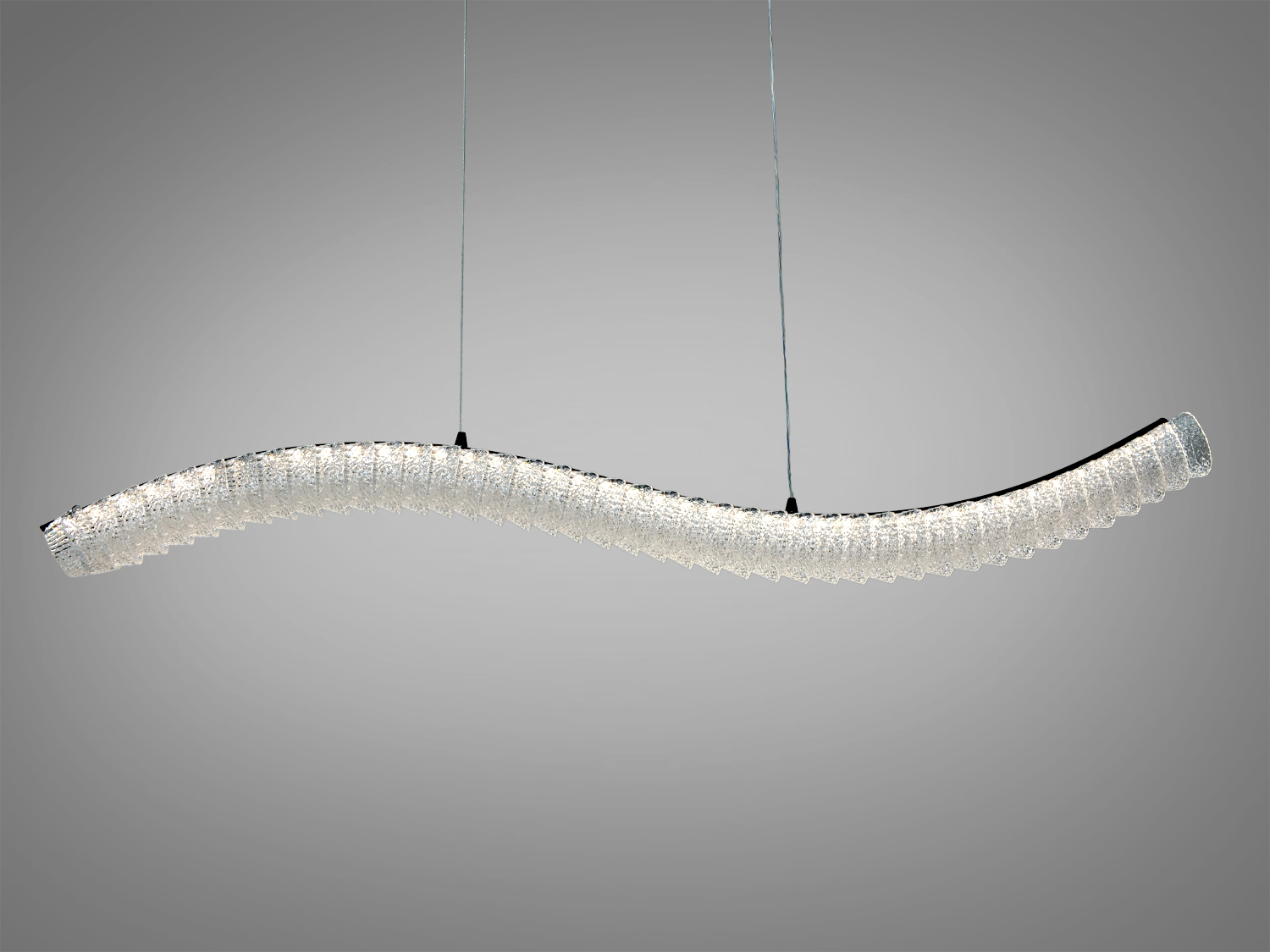 Підвісний світильник хвилястої форми, з текстурованими акриловими елементами, що створюють м′яке освітлення. Ідеальний для сучасного інтер′єру.