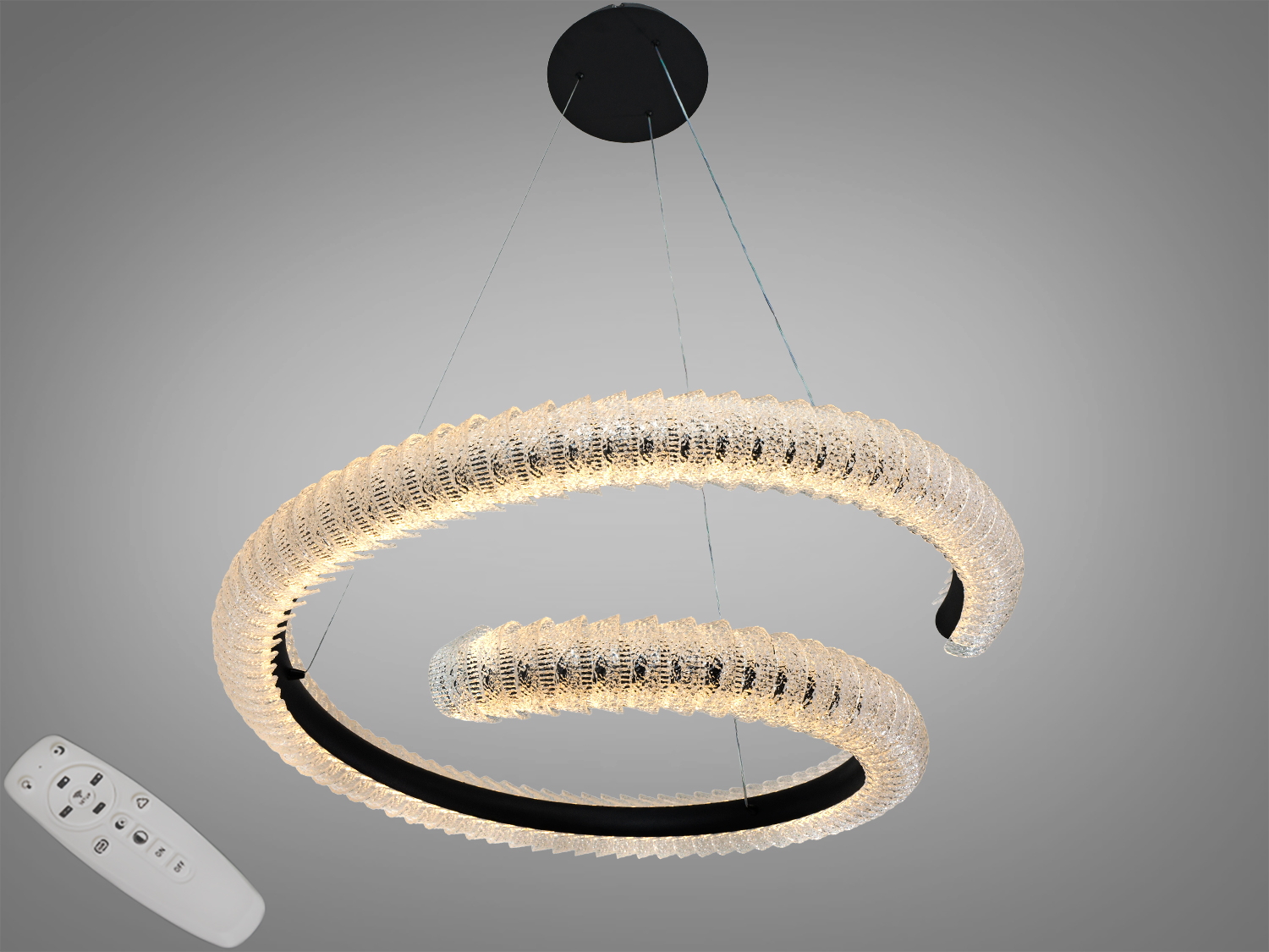 Підвісна LED люстра Diasha, чорний колір, 132Вт і 7260 лм. Пульт та настінний вимикач, 3 режими 3200К/4100К/6500К. Для кімнат до ~23 м². Метал і акрил.