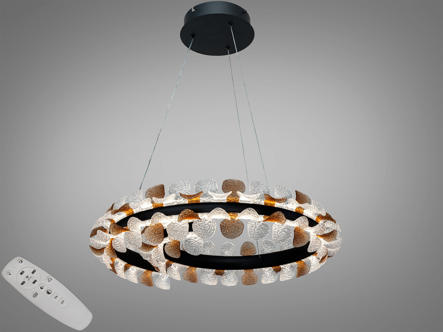 Підвісний світильник з акриловими елементами у формі листя, оснащений дистанційним керуванням для зручного регулювання освітлення.