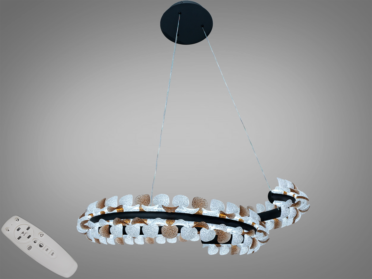 Підвісна LED люстра 130 Вт у чорному кольорі з пультом. 7150 лм для кімнат до 22 м², 3 режими 3200/4100/6500К, метал і акрил, керування пультом та настінним вимикачем.