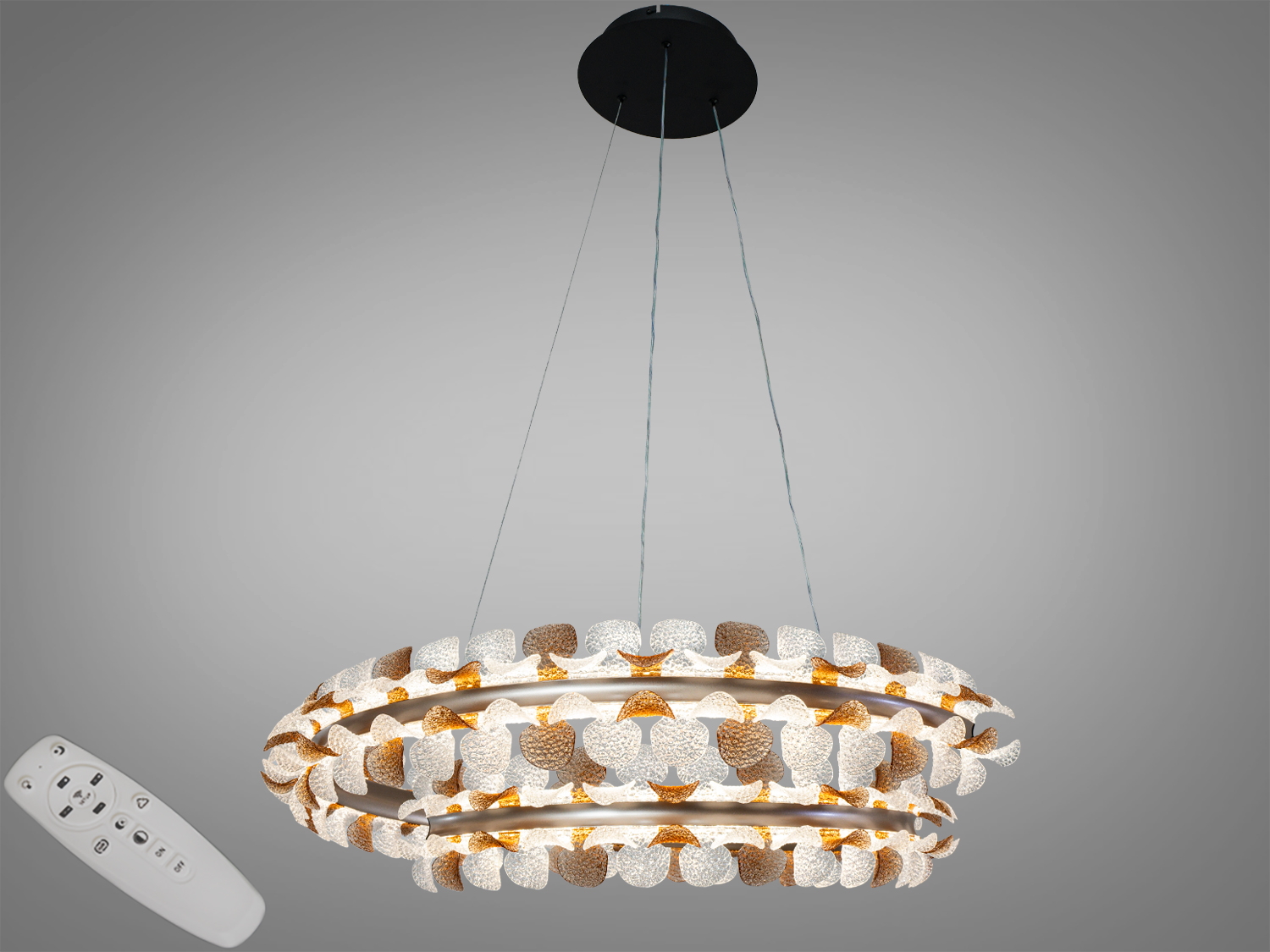 Підвісна LED люстра в кольорі шампань, 132 Вт, 7260 лм. Три температури світла 3200/4100/6500К, керування пультом і вимикачем. Для кімнат до близько 23 м².