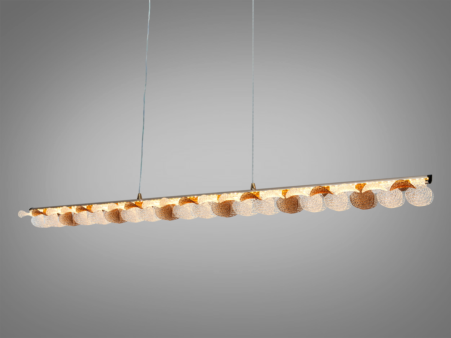 Підвісний світильник з хвилястим дизайном, прикрашений текстурованими акриловими елементами. Підходить для монтажу в сучасних приміщеннях.