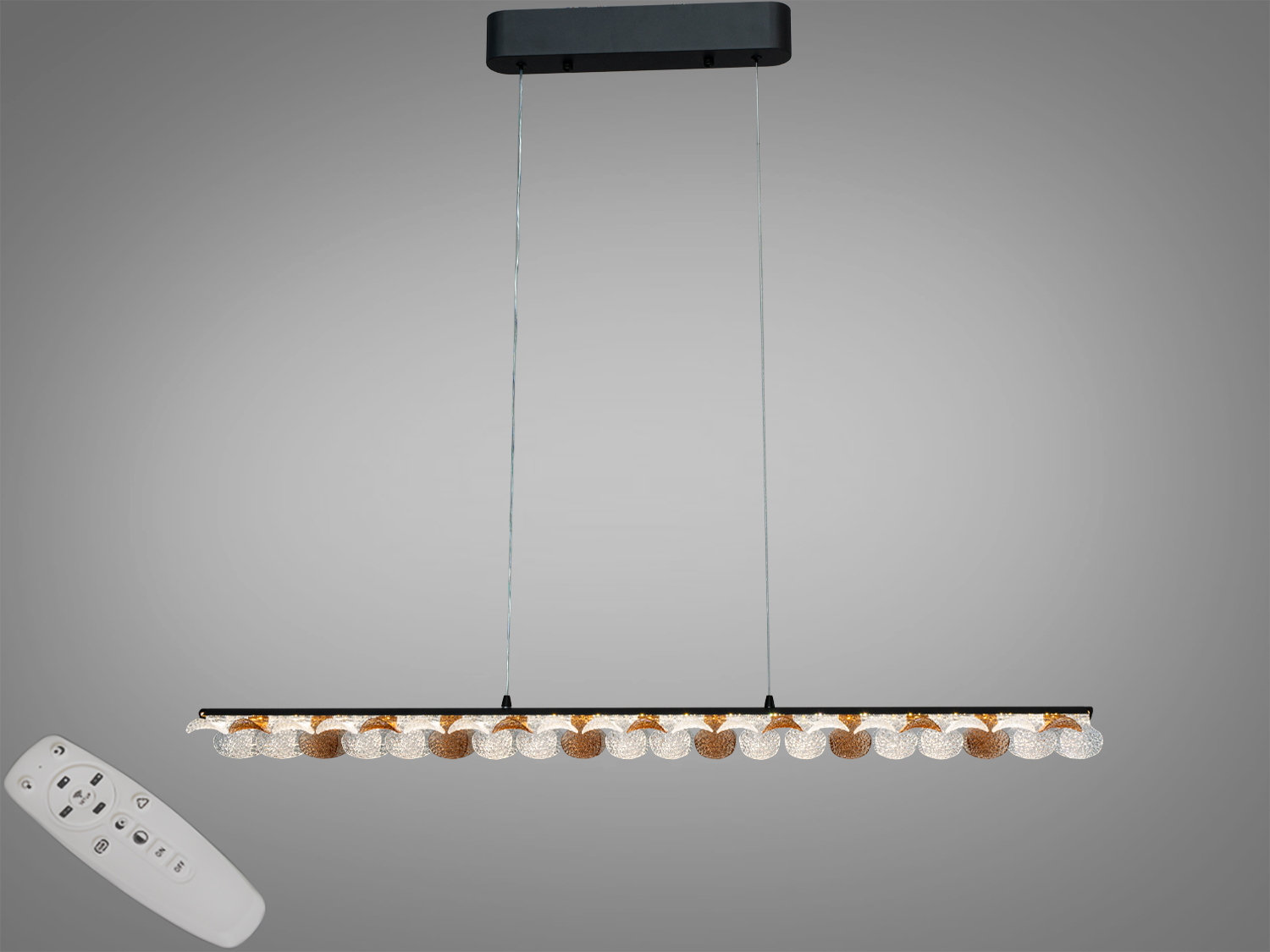 Підвісна LED люстра Diasha, шампань, 55 Вт, ~3025 лм. Три режими 3200/4100/6500K, пульт і настінний вимикач, регульована висота. Для площ до 10 м².