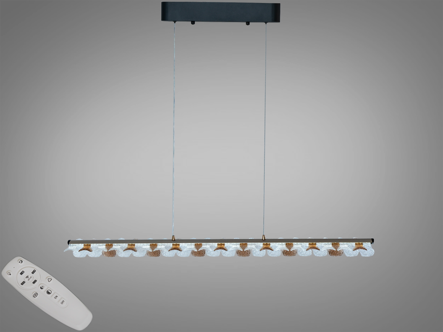 Підвісна LED люстра Diasha, шампань, 55 Вт, ~3025 лм. Три режими 3200/4100/6500K, пульт і настінний вимикач, регульована висота. Для площ до 10 м².