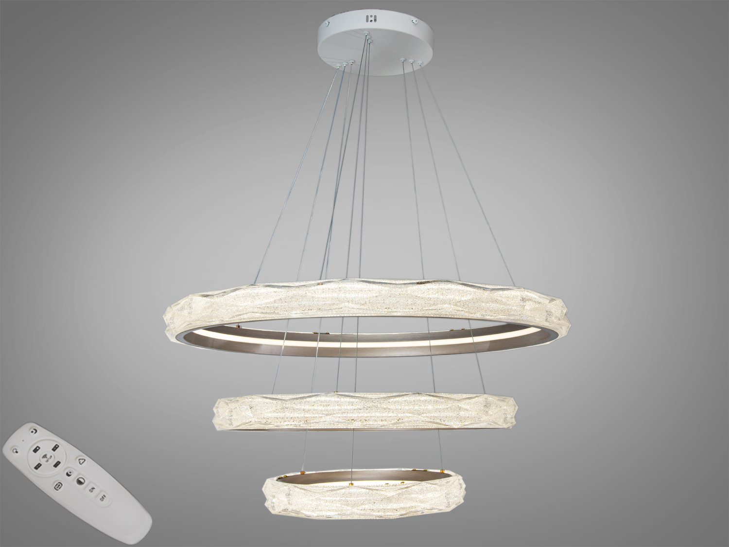 Підвісна LED люстра Diasha, 250 Вт, золото, 3 кільця і пульт. Підходить для освітлення до ≈42 м², доречна для сучасних інтер’єрів і високих стель.