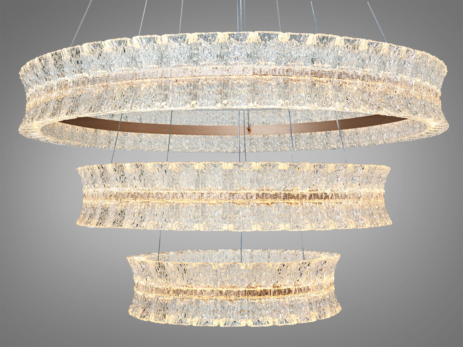 Підвісний світильник з двома LED-кільцями, що створюють м′яке освітлення. Використовує прозорі акрилові елементи для сучасного вигляду, підходить для офісу.