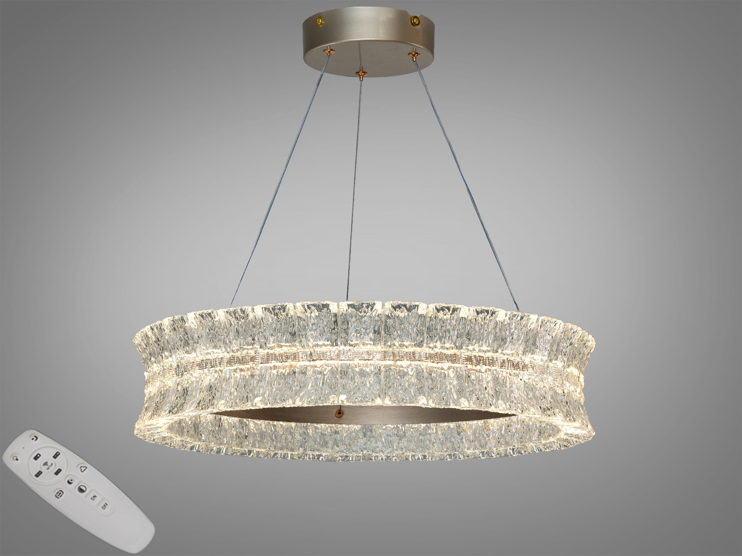 Підвісна LED люстра, шампань, 26Вт, діаметр 50 см, 1430 лм. 3 режими світла 3200–6500K, пульт і настінний вимикач, регульована висота. Для зон до ~5 м².