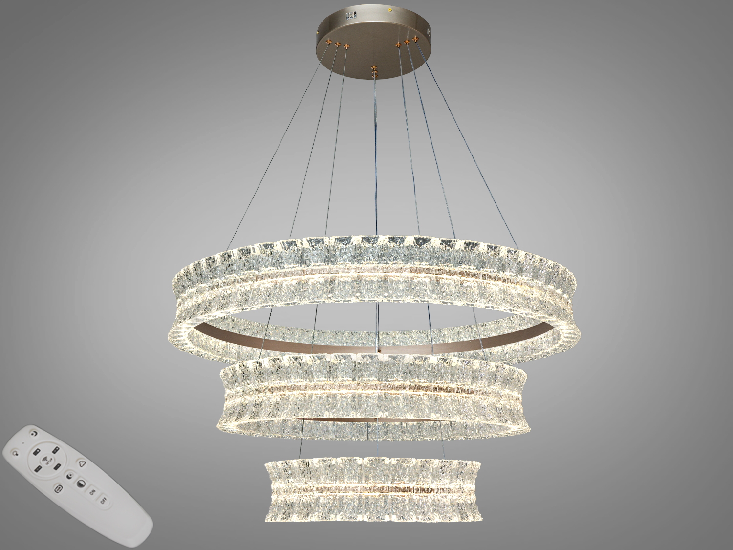 Підвісна LED-люстра з трьома акриловими кільцями, 105 Вт, 5775 лм. Три колірні температури, білий колір, регулювання висоти, для приміщень до 18 м².