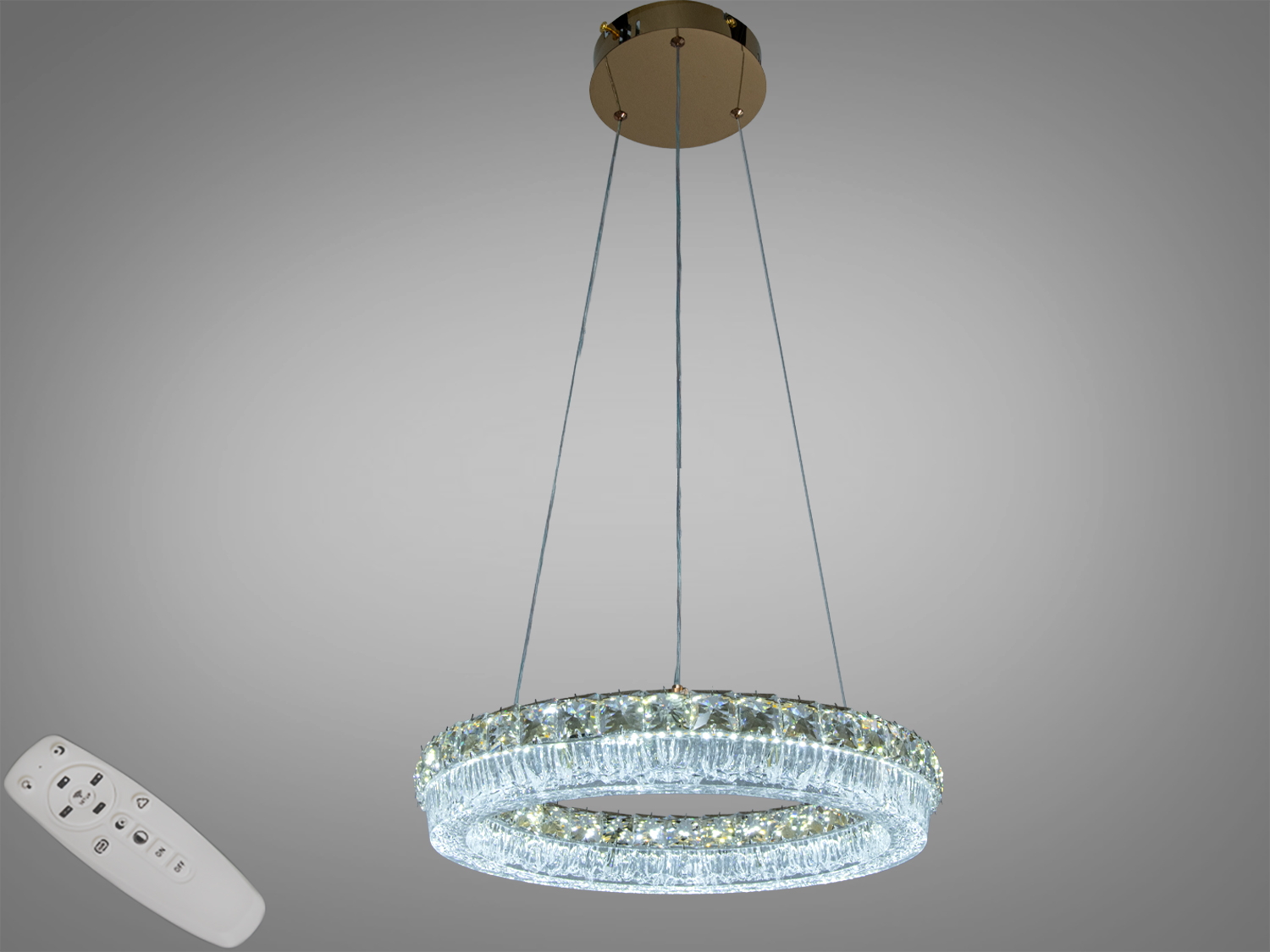 Підвісна LED люстра у золоті 64W з пультом і трьома колірними температурами. 3520 lm для кімнат до ~11 м². Акрилове кільце, регульована висота, настінний вимикач.