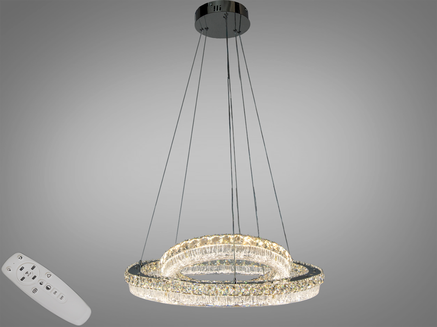 Підвісна LED люстра хром: 152 W, ~8360 lm, 2 акрилові кільця, 3 режими 3200/4100/6000K, пульт і настінний вимикач, регулювання висоти. Рекомендована площа до ~26 м².