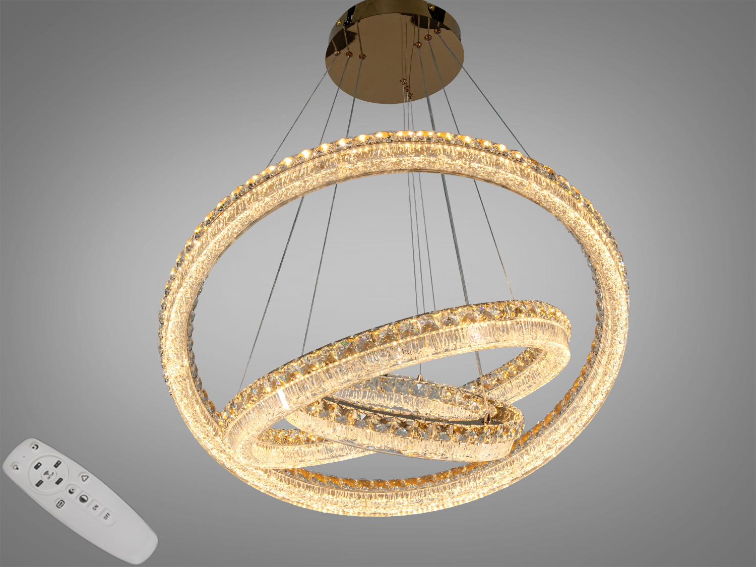 Підвісна LED-люстра 3 кільця у золоті, 270 W, до 14850 лм. Пульт, 3 режими світла (3200K/4100K/6000K), регулювання висоти, для приміщень до ~45 м².