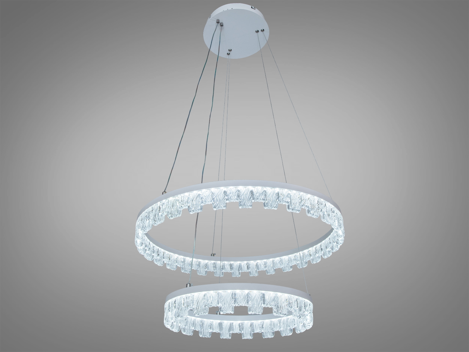Люстра з холодним світлом, два кільця з кришталевими елементами, ідеальна для офісних приміщень, підвісний монтаж.