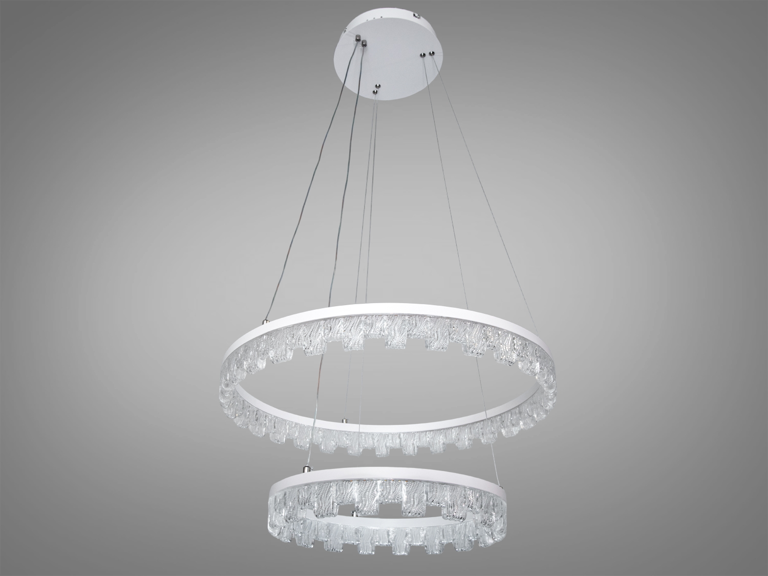 Світлодіодна підвісна люстра з 2 кільцями, 82 Вт, біла. Рівномірне світло для кімнат до 14 м², без пульта, метал і скло з кришталевими елементами.