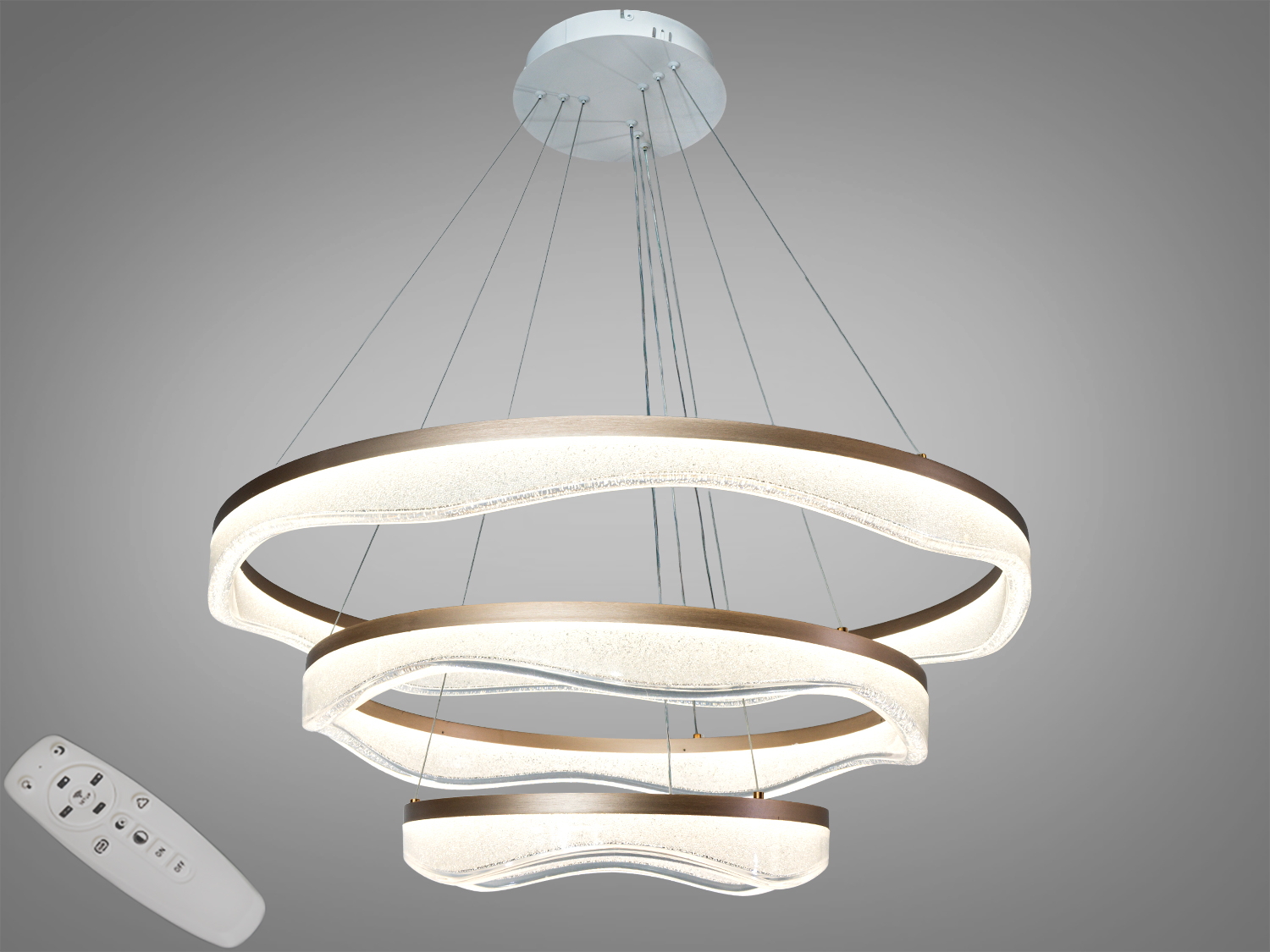 Підвісна світлодіодна люстра з пультом, три акрилові кільця з хвилястими краями, підходить для сучасного інтер′єру, стильний акцент у вітальні.