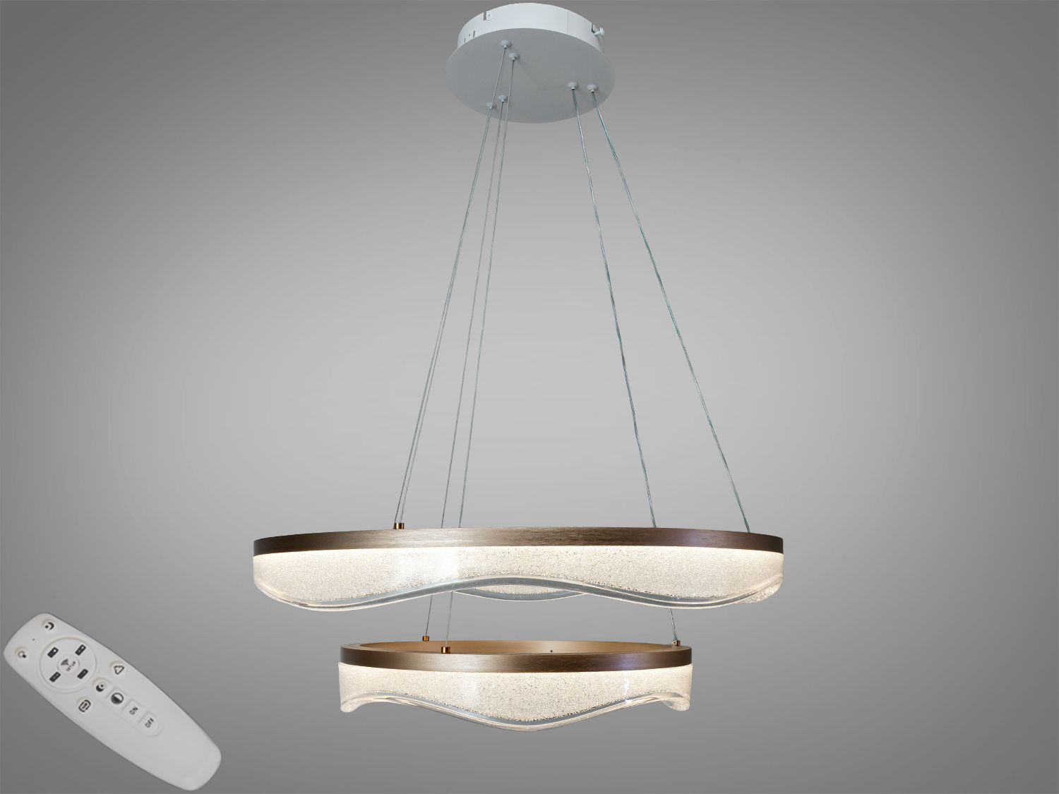 Підвісна LED-люстра шампань, 122 Вт, 3 акрилові кільця, 6710 лм. Пульт і вимикач, режими 3200К/4100К/6500К. Для приміщень до ~21 м². Відтінок на екрані може відрізнятися.