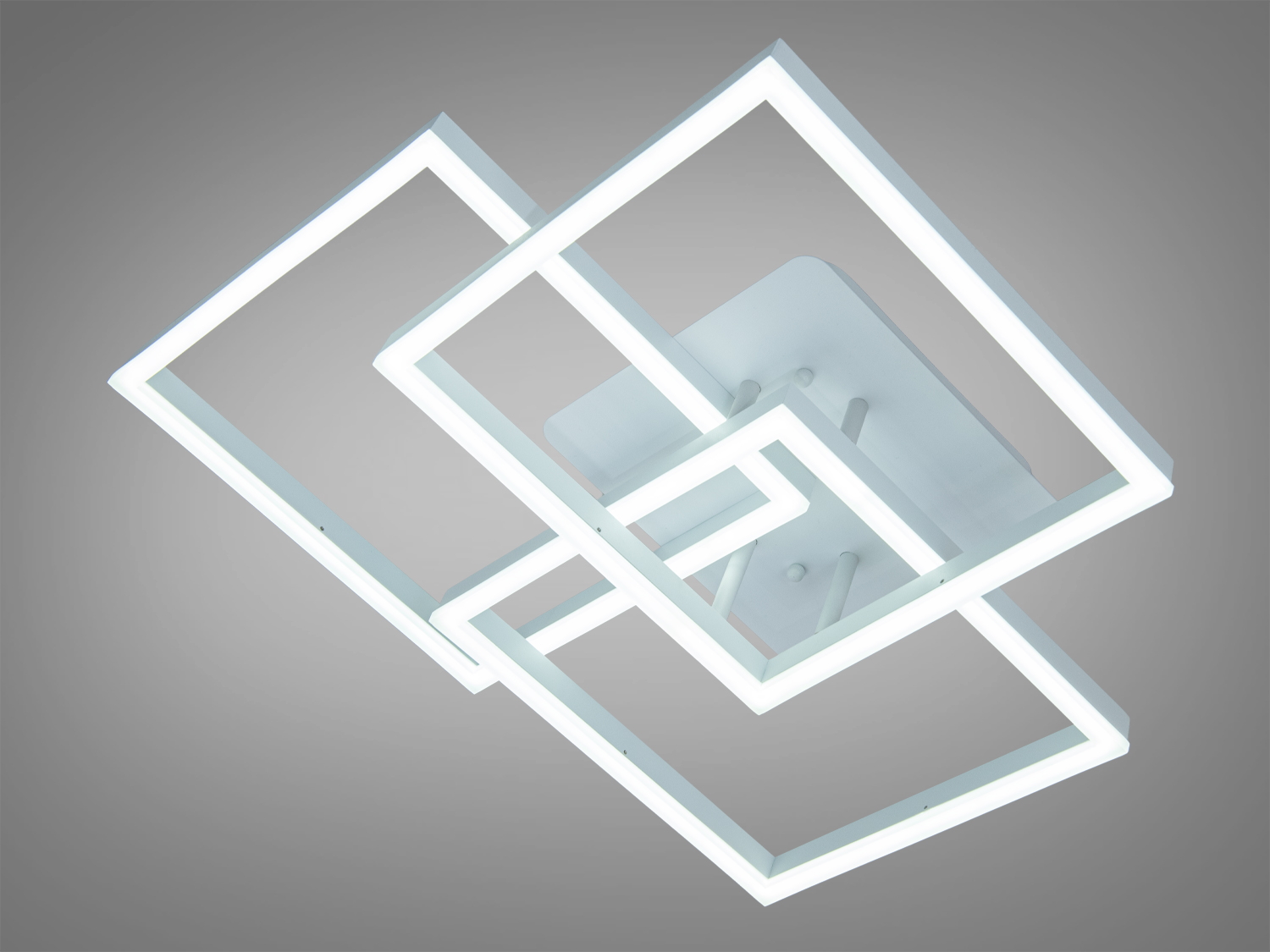 Біла стельова LED люстра 90 Вт з трьома квадратами. Для близько 15 м², акриловий розсіювач, низький профіль, керування настінним вимикачем. Під сучасні інтер’єри.