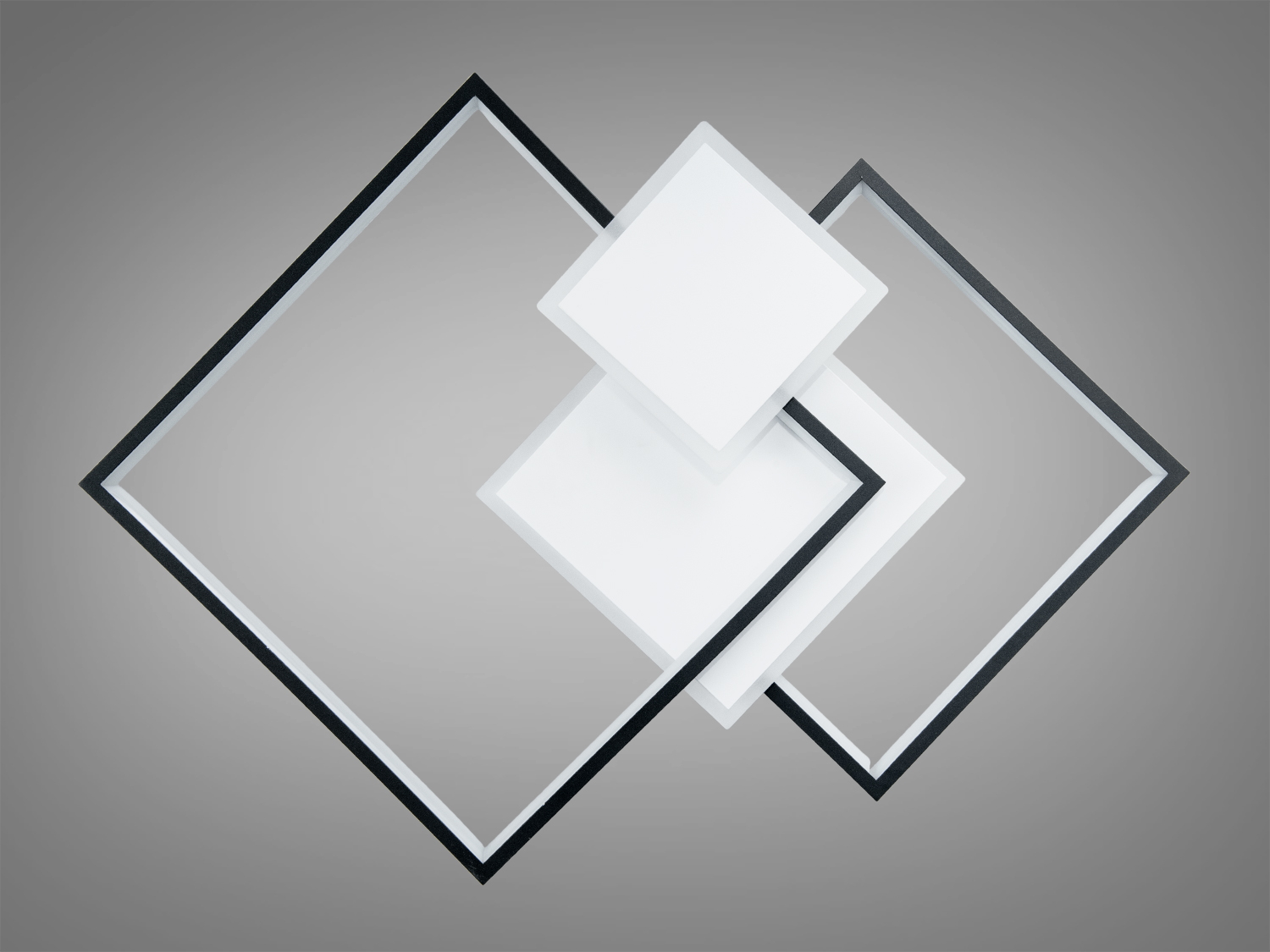 Декоративний світильник з трьома квадратними панелями, розташованими під кутом, з чорними рамками. Використовується в житлових кімнатах.