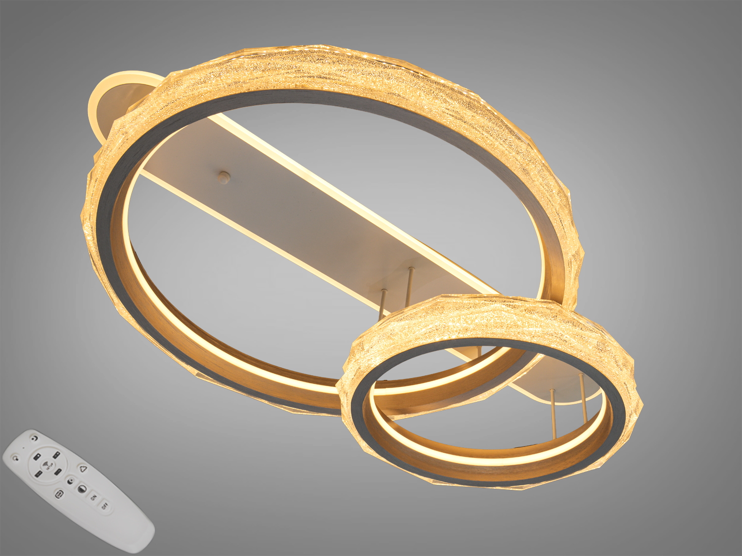 Стельова LED люстра Diasha, 90 W, колір шампань. Два акрилові кільця, пульт керування, три температури світла 3200/4100/6500K. Рекомендована площа до ~15 м². Низький профіль, металевий каркас та акриловий розсіювач.
