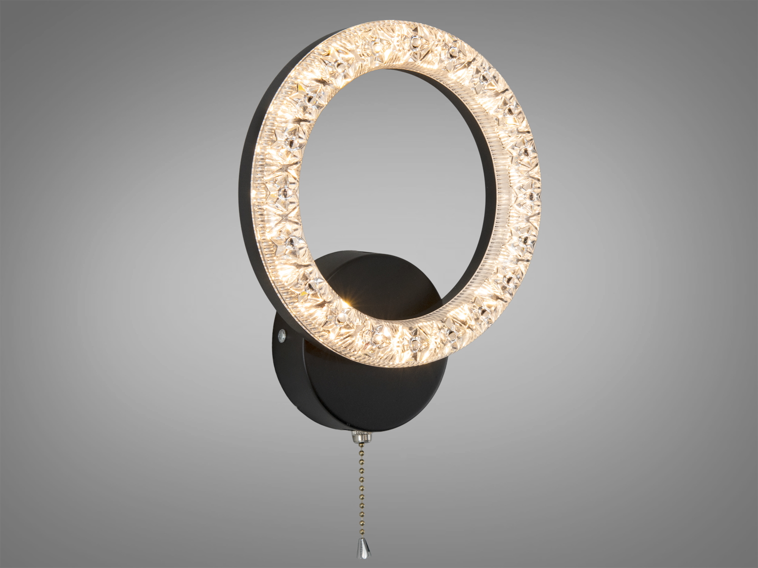 Кругле LED бра 17 Вт у чорному кольорі з ланцюжком-вимикачем. Зручне зональне освітлення для спальні, вітальні, коридору. Теплий, нейтральний або холодний відтінок залежно від модифікації.