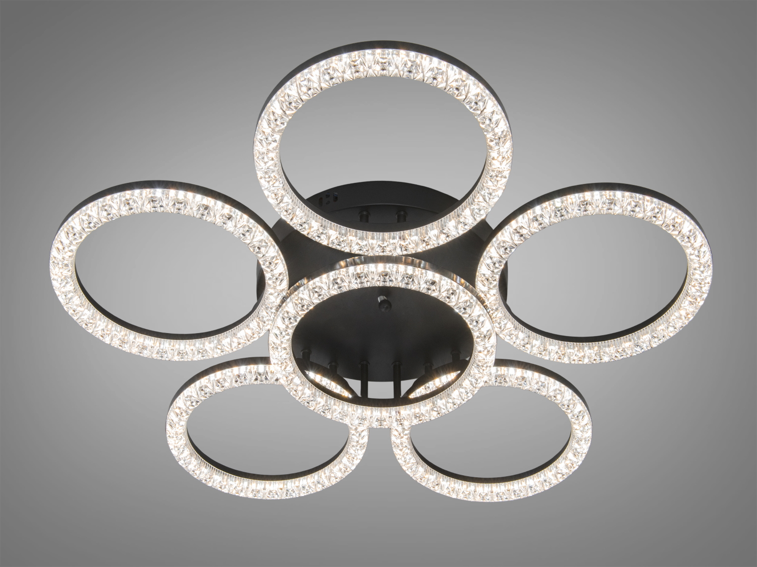Стельова LED люстра Diasha MX4770-5+1BK, 133 Вт, шість кілець, чорний колір. Акрилові розсіювачі й кристалічний декор, до 25 м², для сучасних інтер’єрів.