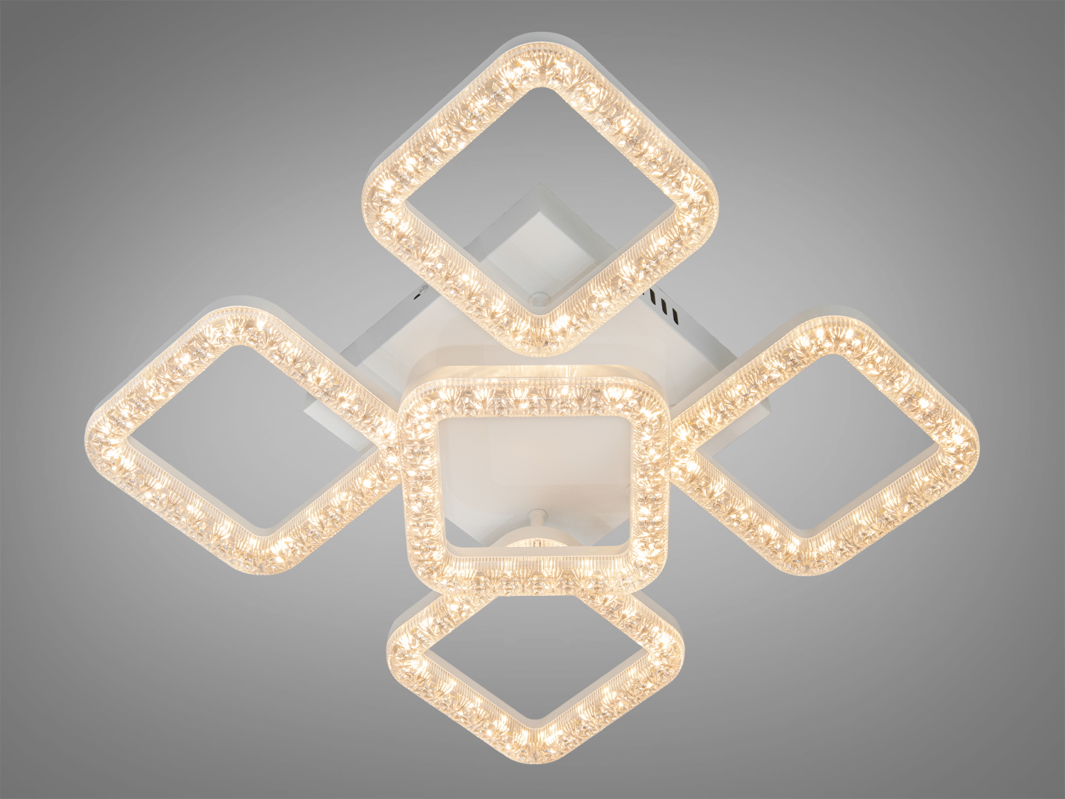 Біла стельова LED люстра MX4771 74W з 5 квадратними модулями без пульта. Рівномірне біле світло для кімнат до ~13 м2, метал і акрил, сучасний дизайн.