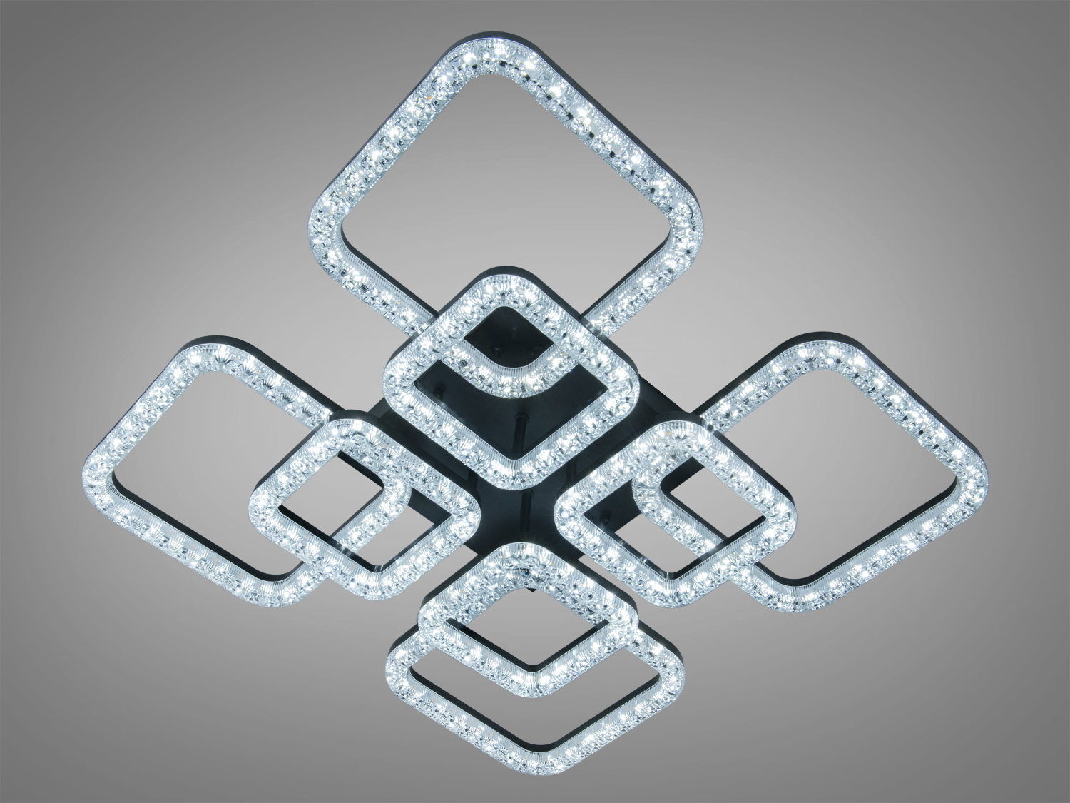 Стельова LED люстра MX4771 чорна 140W з вісьмома плафонами 4 і 4 та акриловим розсіювачем. Без пульта, створює рівномірне світло для кімнат до 25 м².