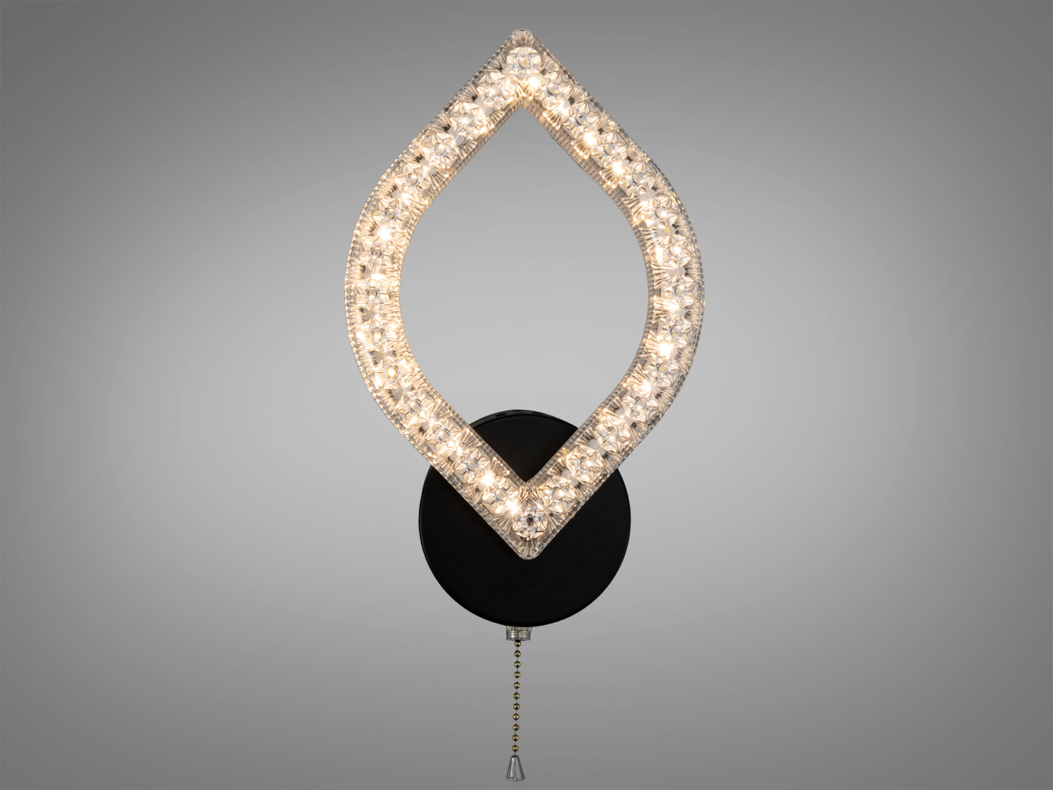 Настінний світильник з теплим світлом, чорна кругла основа, форма вигнутої краплі, прикрашений кристалами, підвісний вимикач.