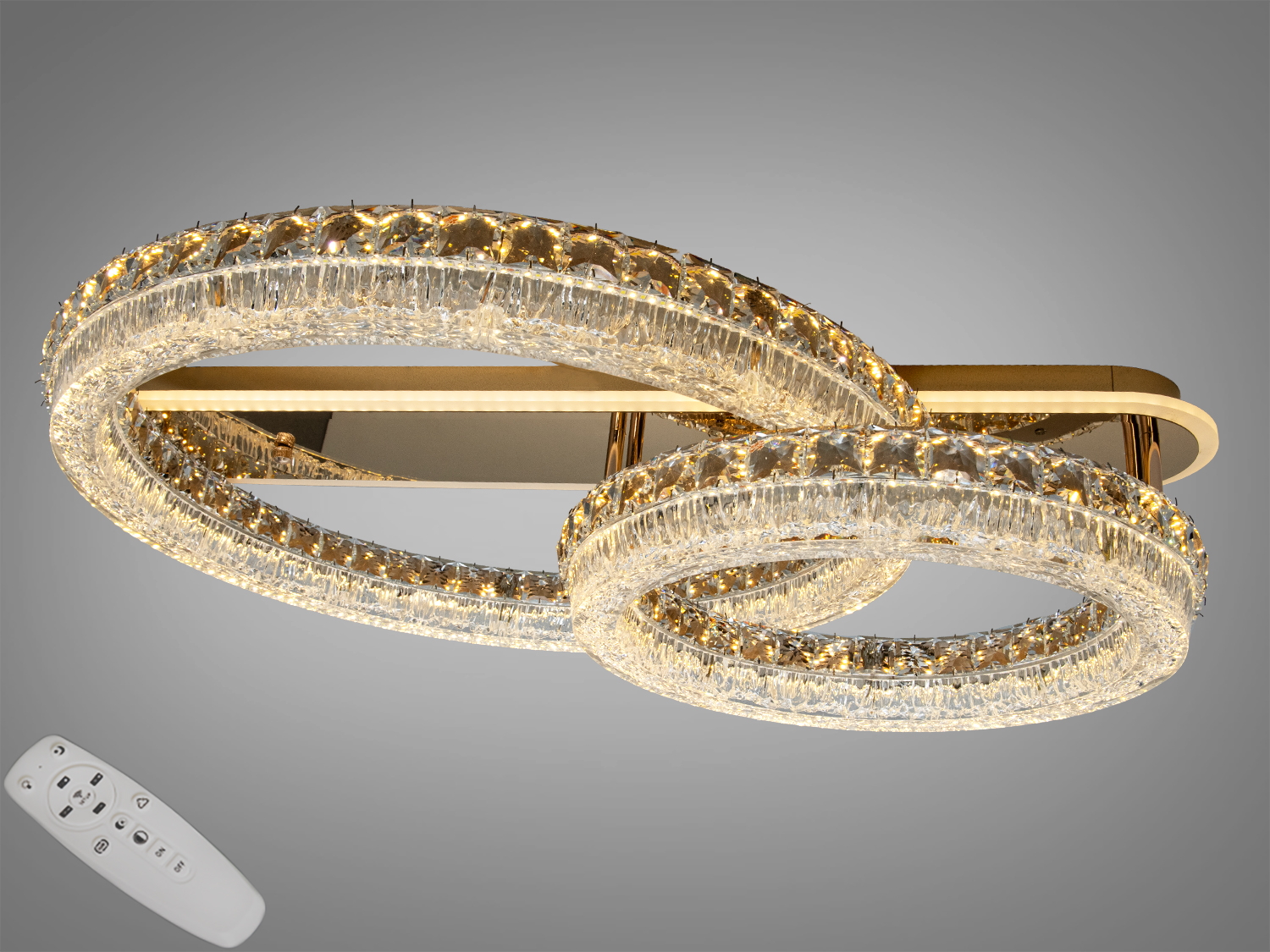 Стельова LED-люстра Diasha, 180 W, 9900 лм, золото. Два акрилові кільця, пульт, димування, 3200–6000K, регулювання висоти підвісу. Для кімнат до ≈30 м².