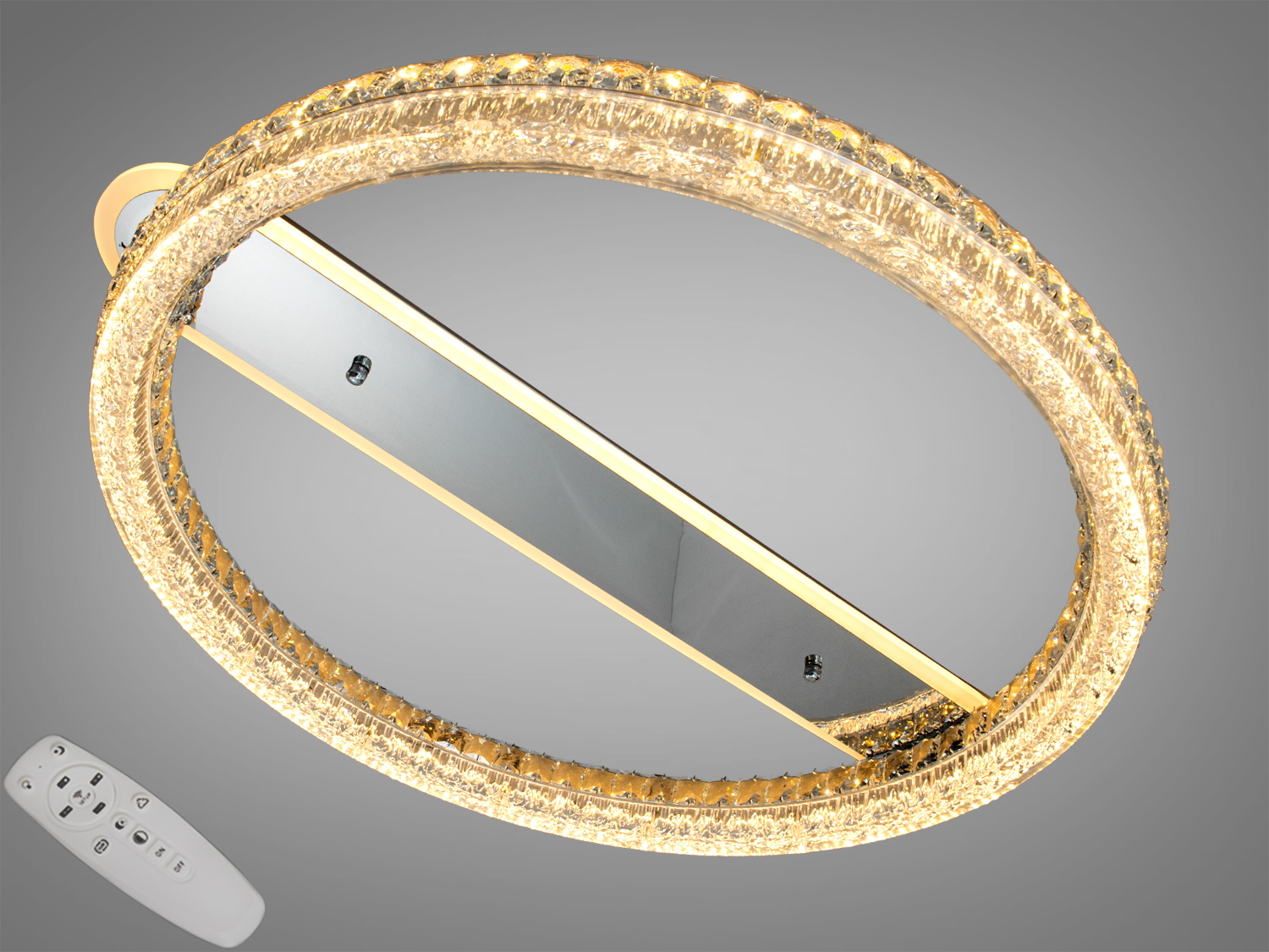 Стельова LED-люстра Diasha, хром, 150 Вт, 8250 лм. Кільцевий модуль з акриловим розсіювачем, пульт і настінний вимикач, 3200–6000K. Для кімнат до 26 м².
