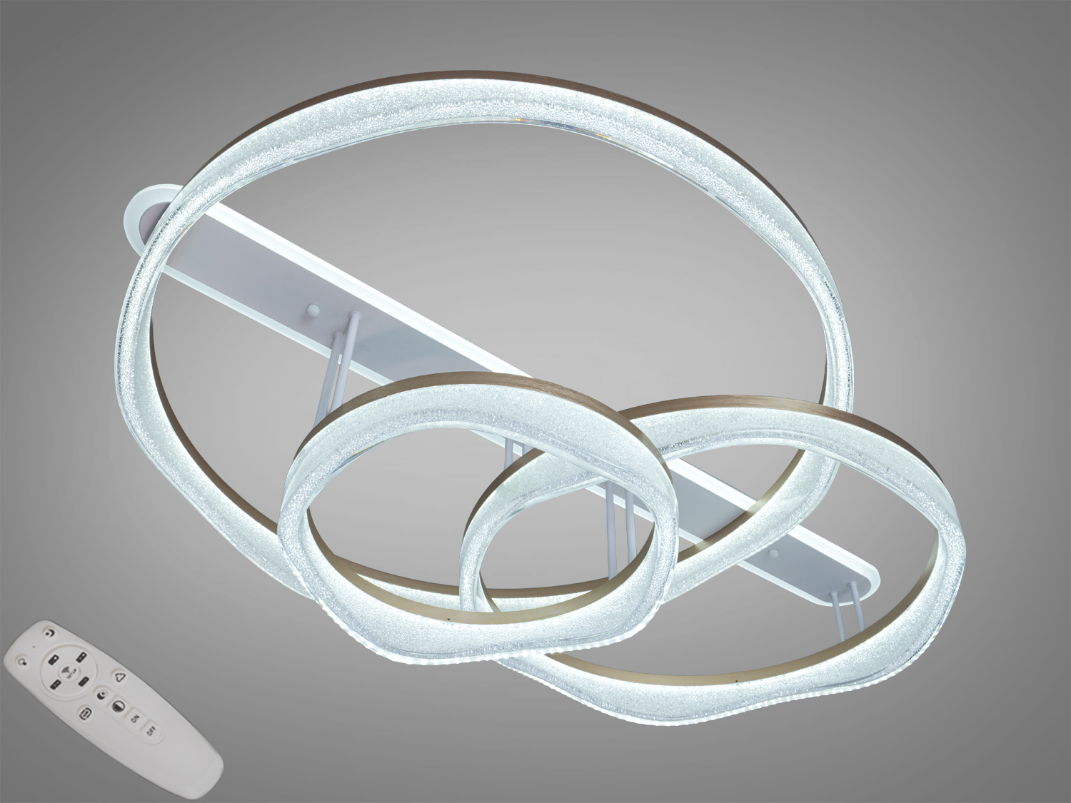 Стельова LED люстра у кольорі шампань, 170W. Три акрилові кільця, режими 3200K/4100K/6500K, керування пультом і вимикачем. Підходить для освітлення до ~29 м².