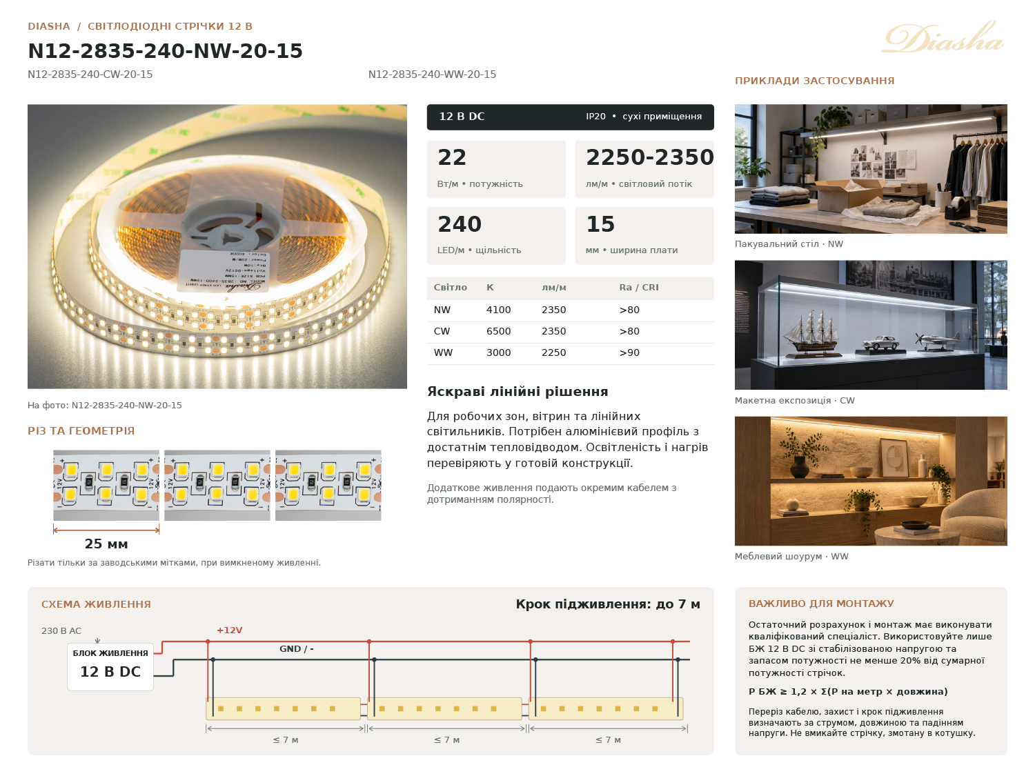 LED стрічка 12В, 240 діодів на метр, 15мм, холодний