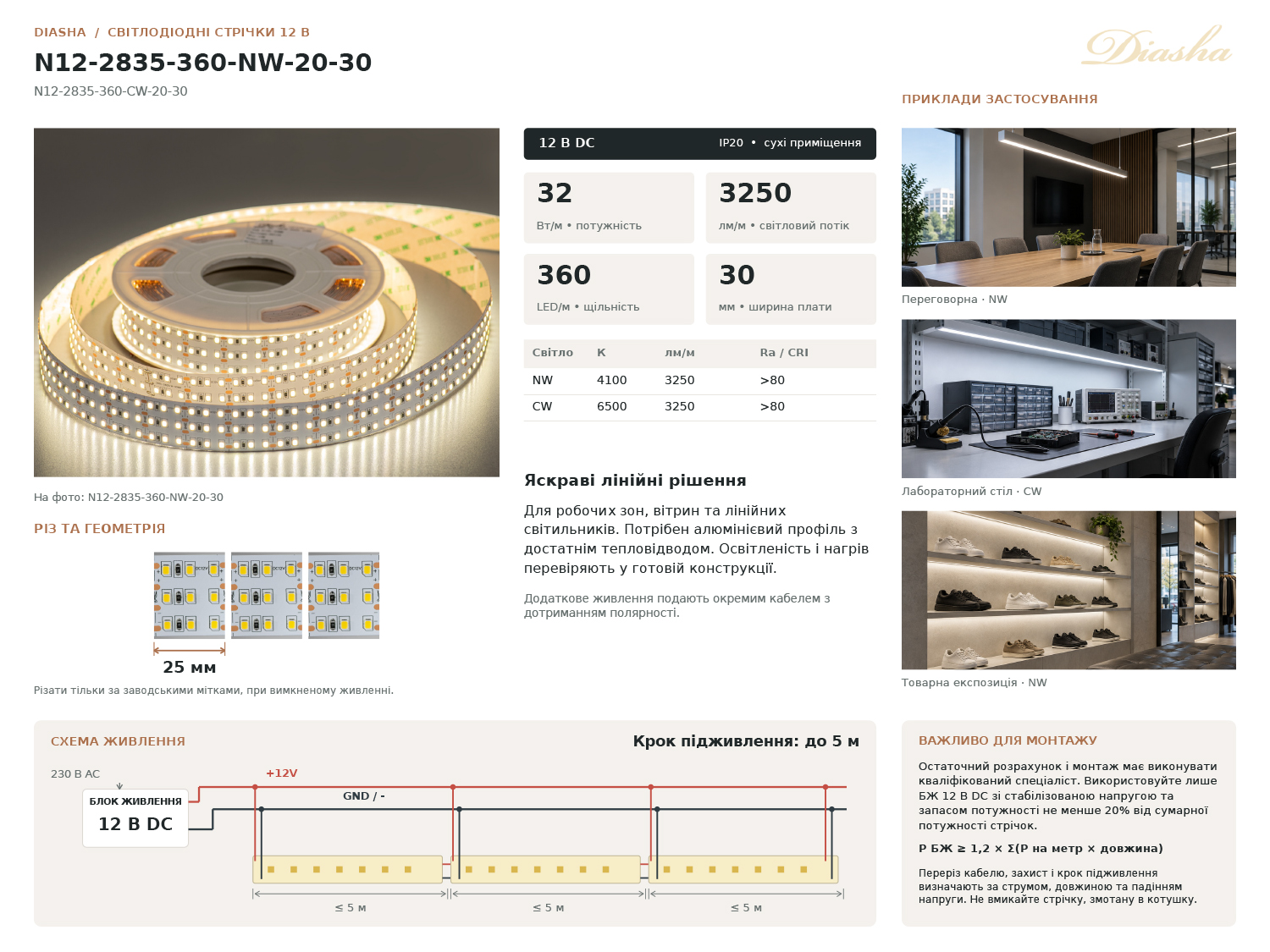 LED стрічка 12В, 360 діодів на метр, 30мм, нейтральний