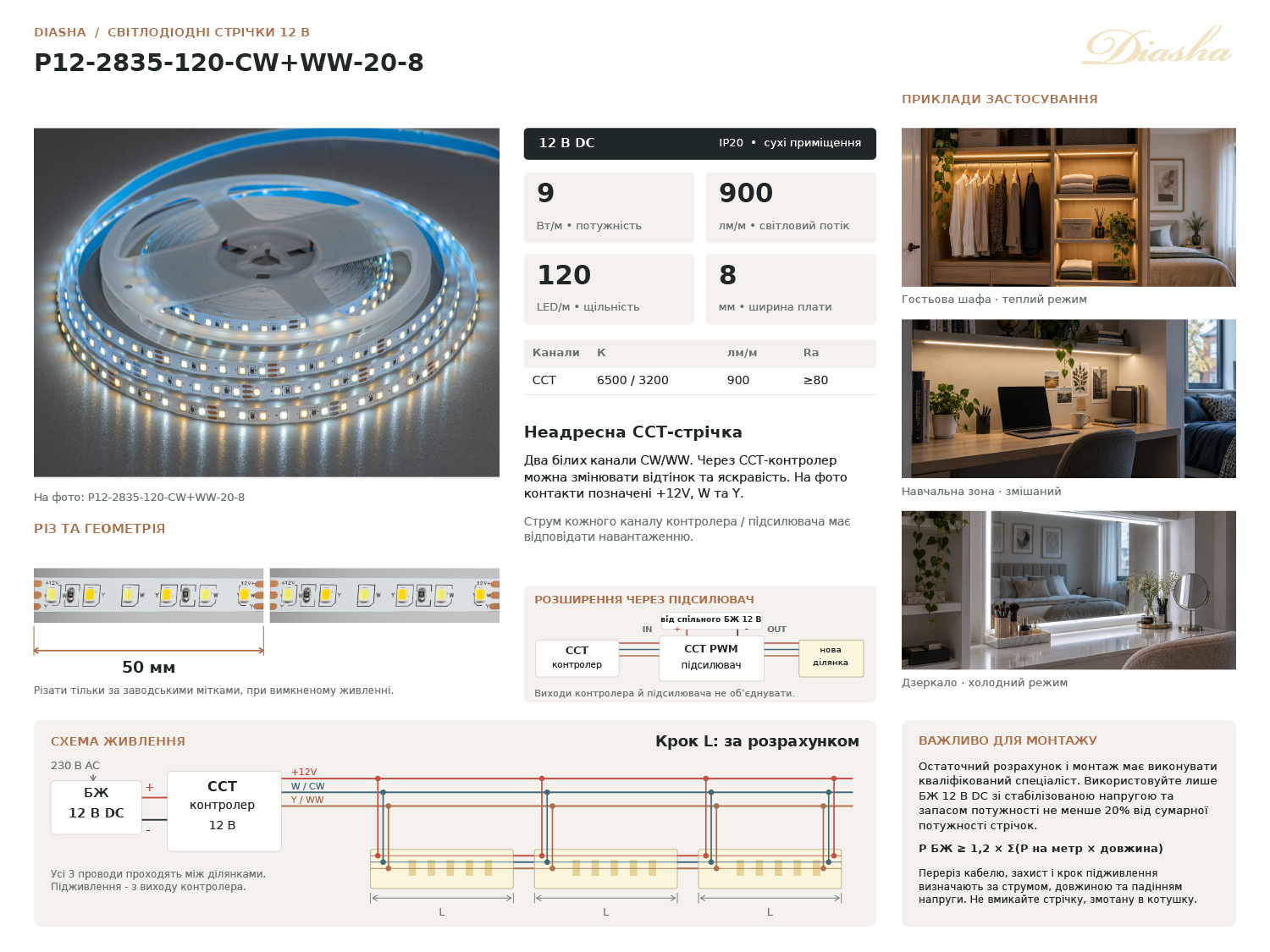 LED стрічка 12В, 120 діодів на метр, 8мм, теплий+холодний