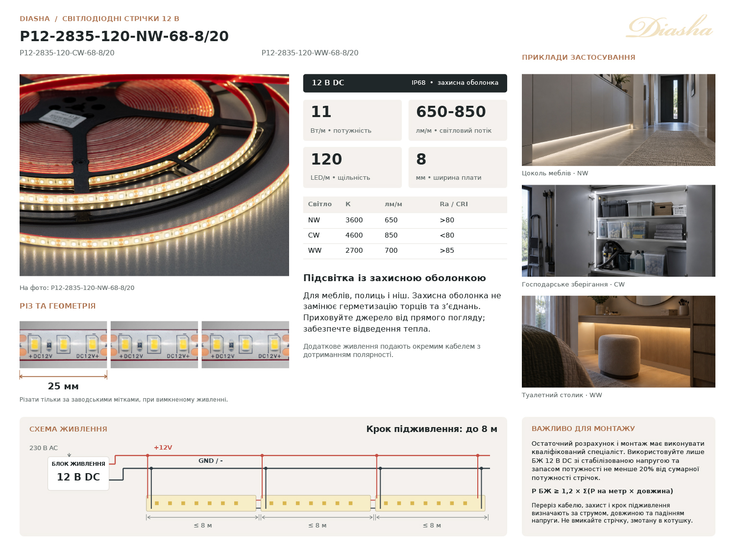 LED стрічка 12В, 120 шт/м, герметична, 8мм, теплий